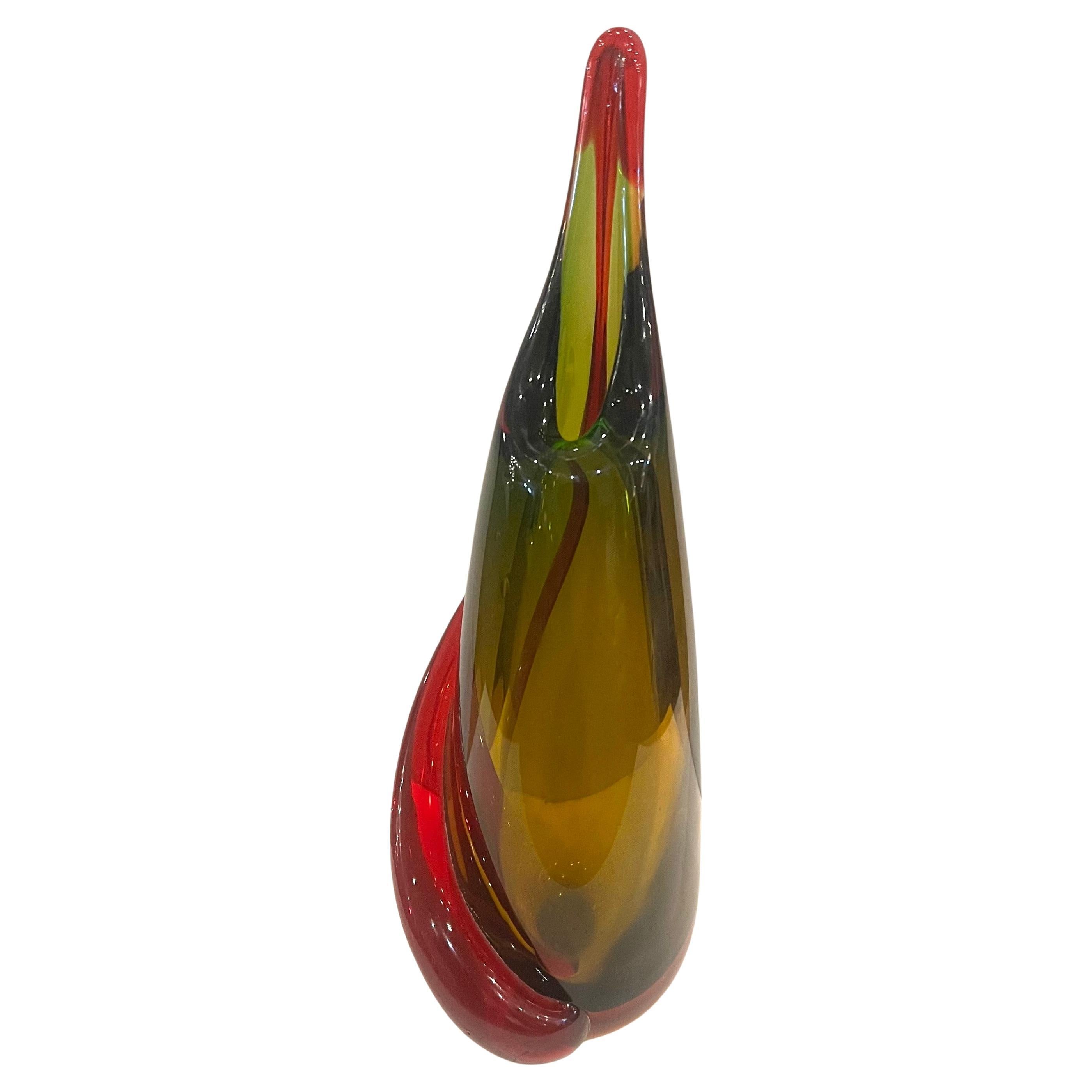 Murano Glass Flavio Poli  Sommerso Teardrop Vase Green/amber & Red Accent In Excellent Condition In San Diego, CA