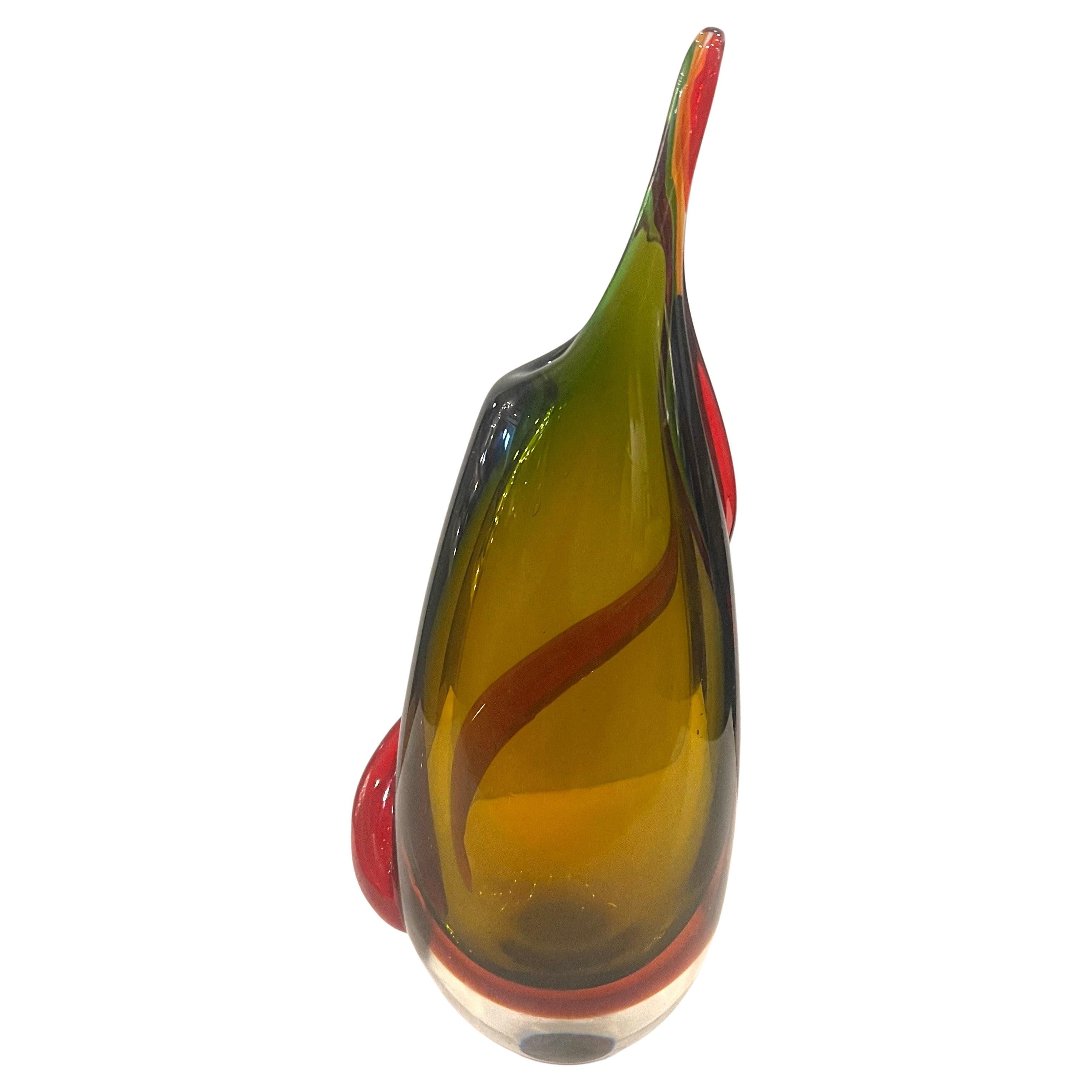20th Century Murano Glass Flavio Poli  Sommerso Teardrop Vase Green/amber & Red Accent