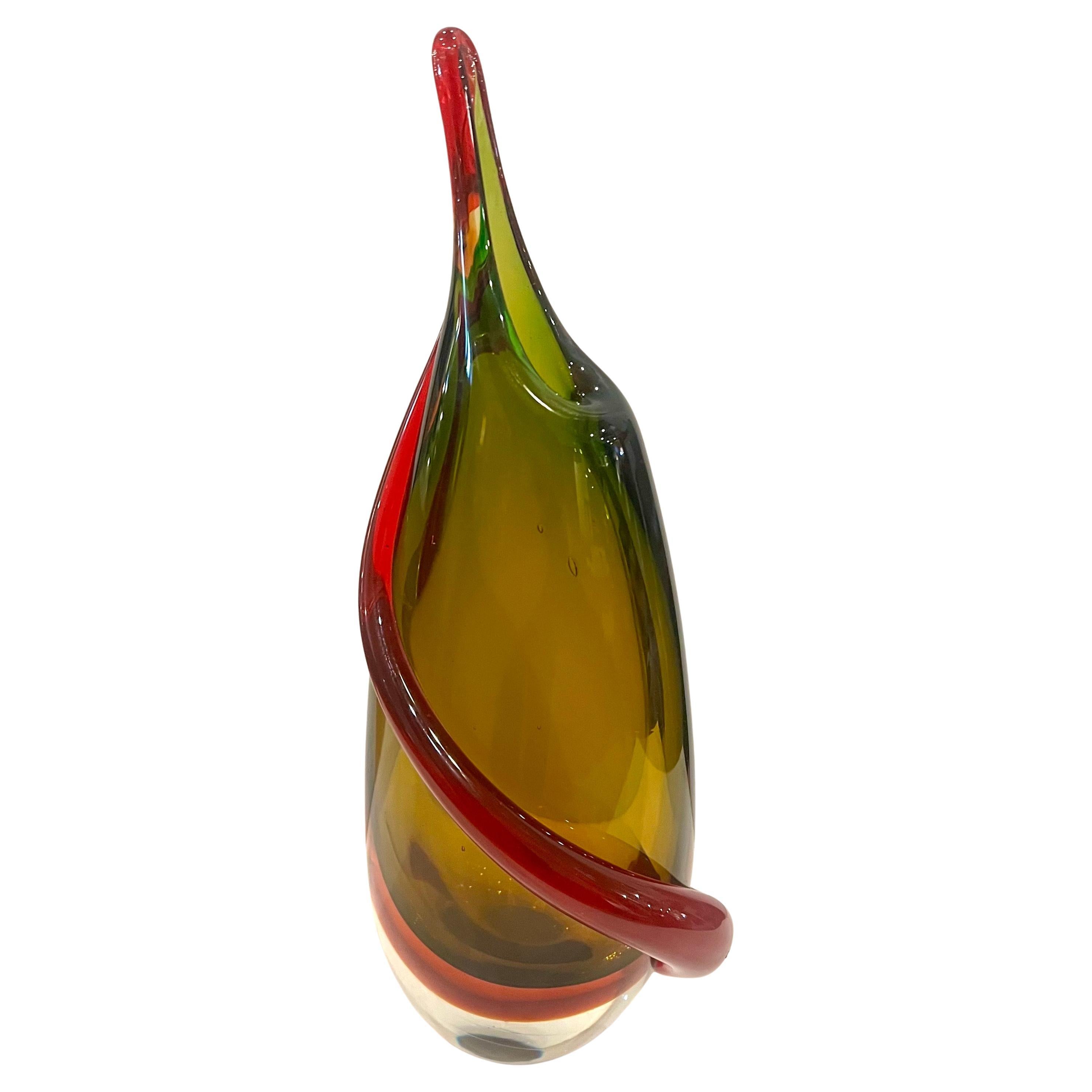Blown Glass Murano Glass Flavio Poli  Sommerso Teardrop Vase Green/amber & Red Accent