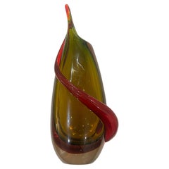 Murano Glass Flavio Poli  Sommerso Teardrop Vase Green/amber & Red Accent