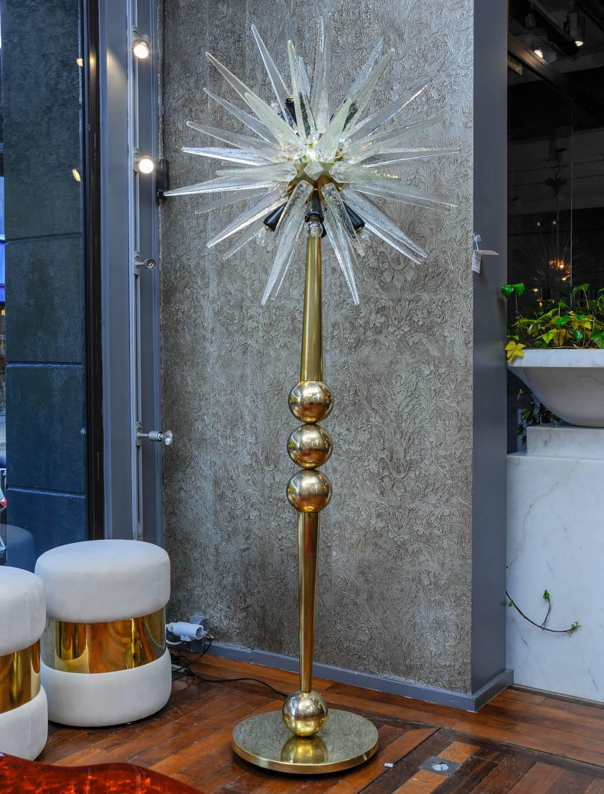 Sputnik shape Murano glass floor lamp, eight bulbs, brass basement.
Creation by Studio Glustin.