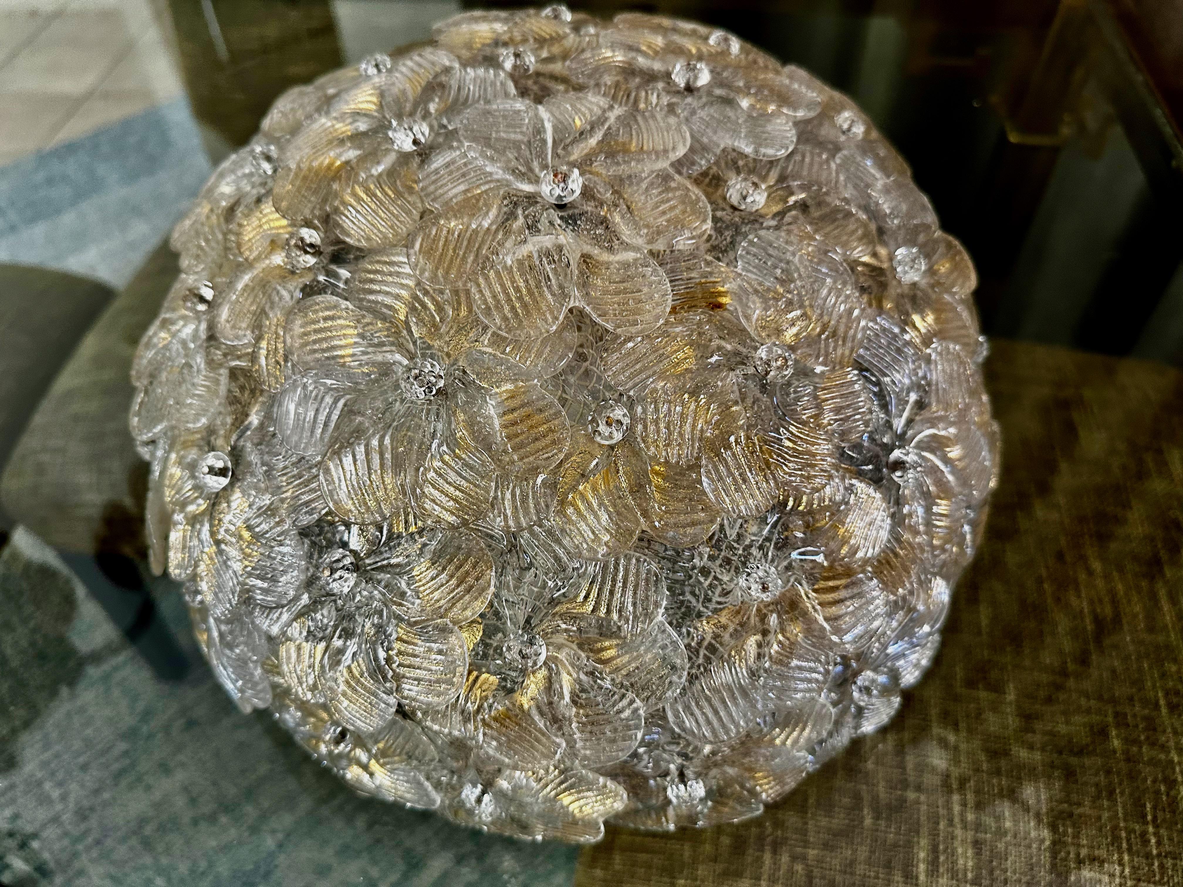 Murano Glass Floral Gold Pendant Flush Mount Light For Sale 11