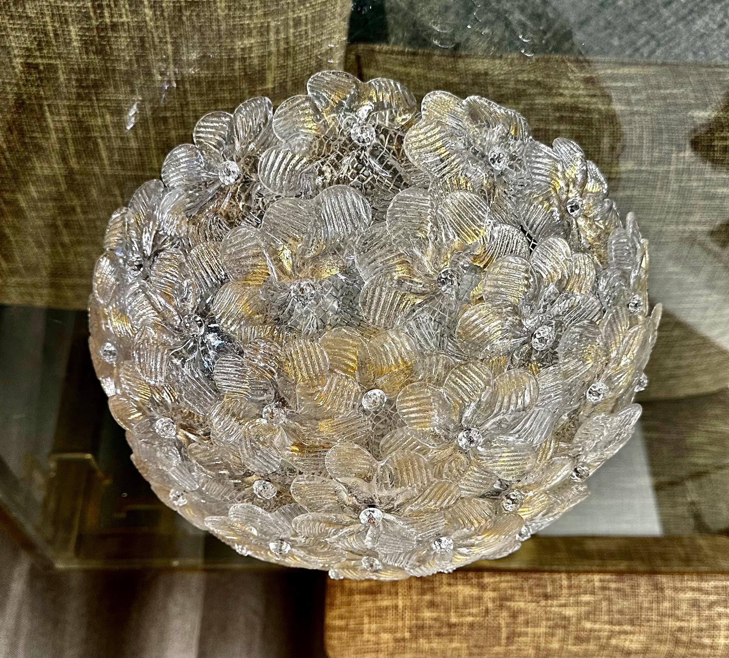 Murano Glass Floral Gold Pendant Flush Mount Light In Good Condition For Sale In Palm Springs, CA
