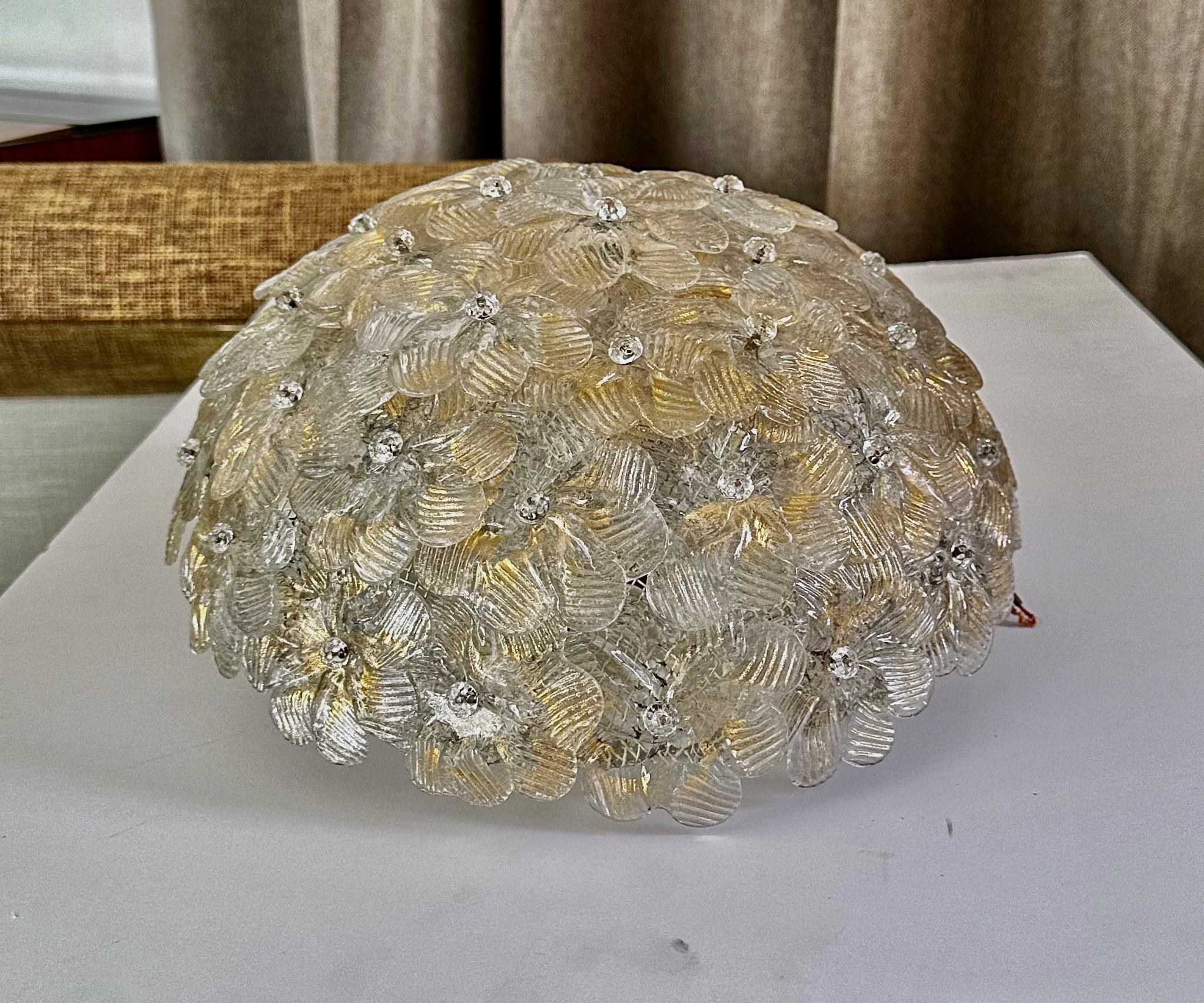 Murano Glass Floral Gold Pendant Flush Mount Light For Sale 1