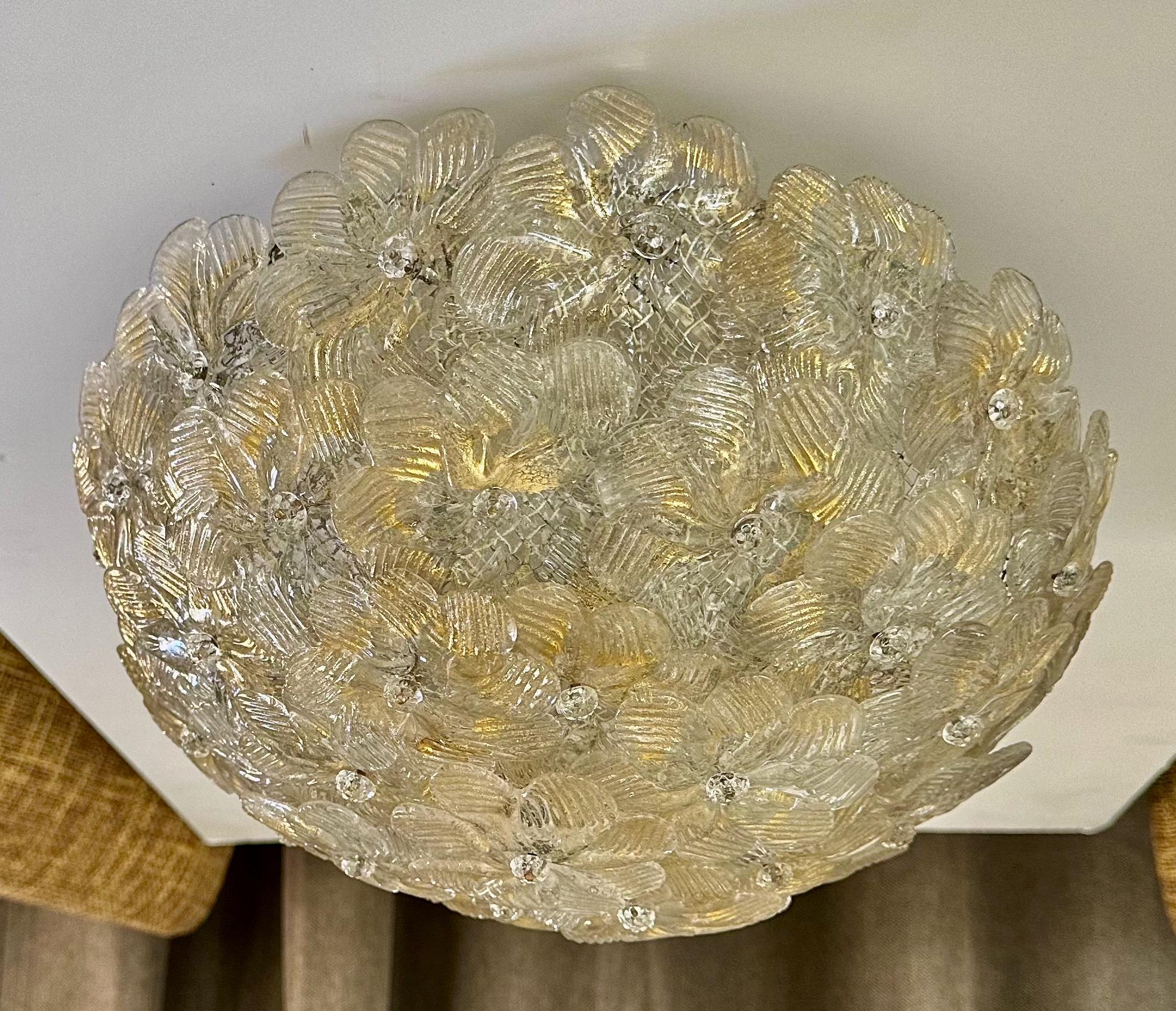 Murano Glass Floral Gold Pendant Flush Mount Light For Sale 2