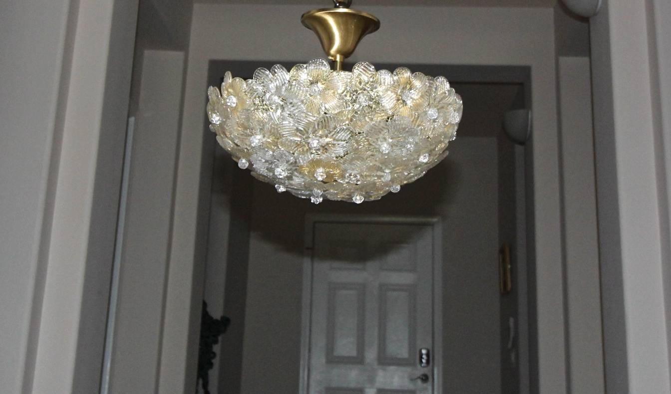 Murano Glass Floral Semi Flush Mount Ceiling Pendant Light In Good Condition In Palm Springs, CA