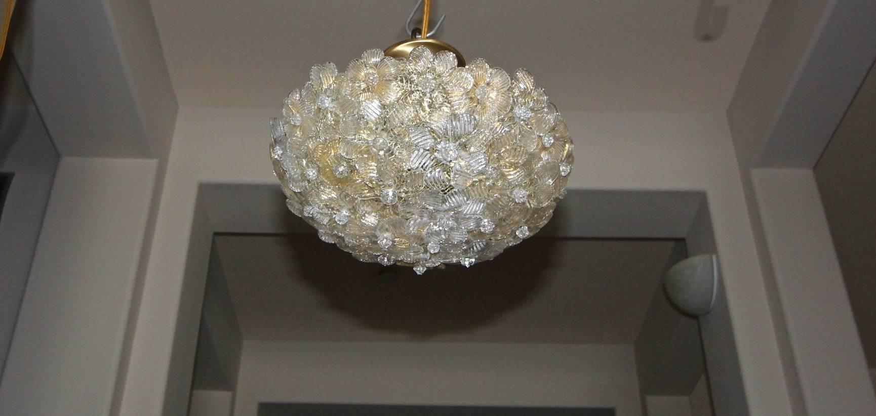 Brass Murano Glass Floral Semi Flush Mount Ceiling Pendant Light