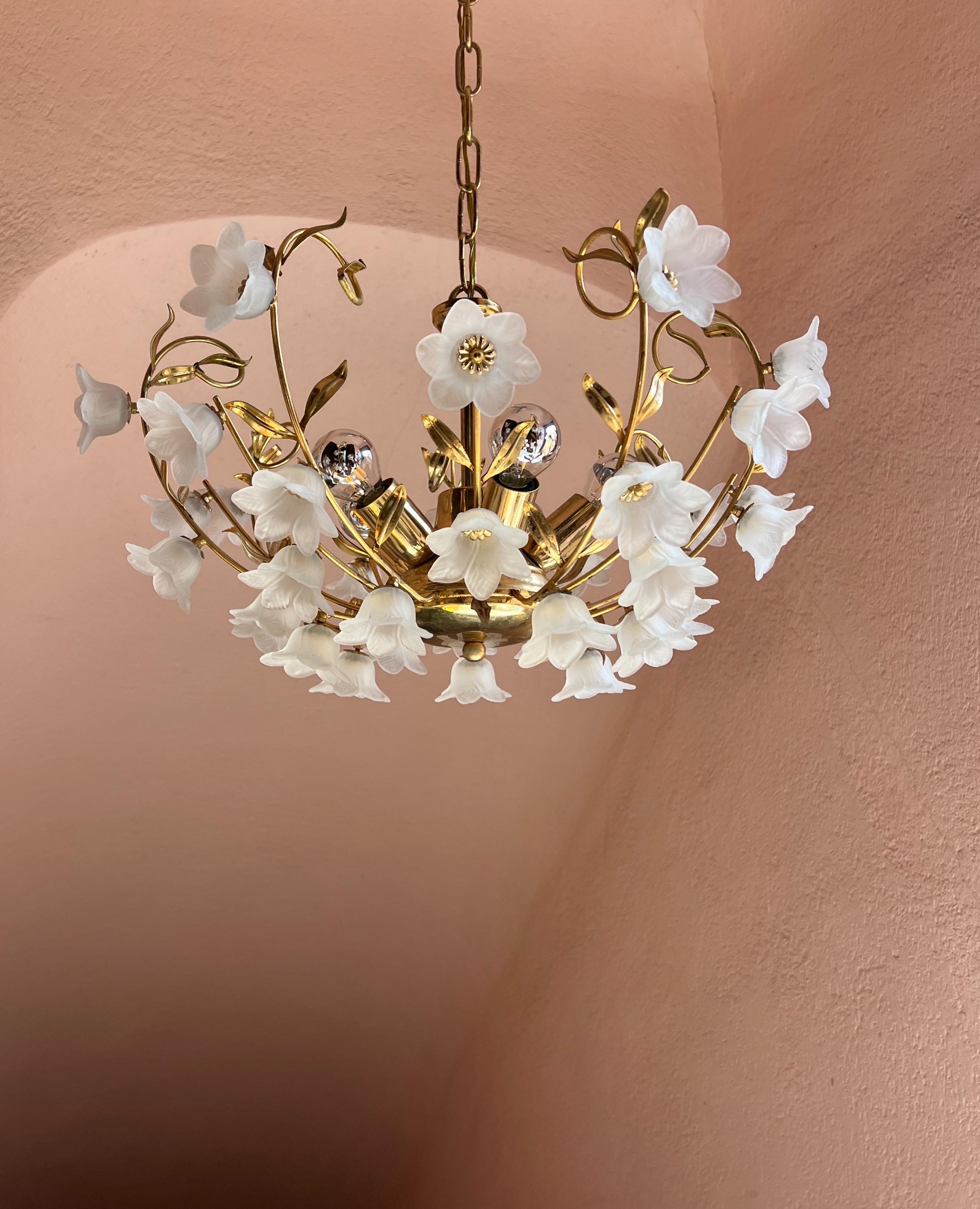 Murano Glass Flower ceiling light with Gold Metal Leaves Italy 1970s For Sale 6