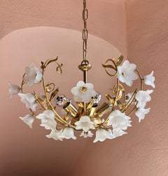Murano Glass Flower ceiling light with Gold Metal Leaves Italy 1970s