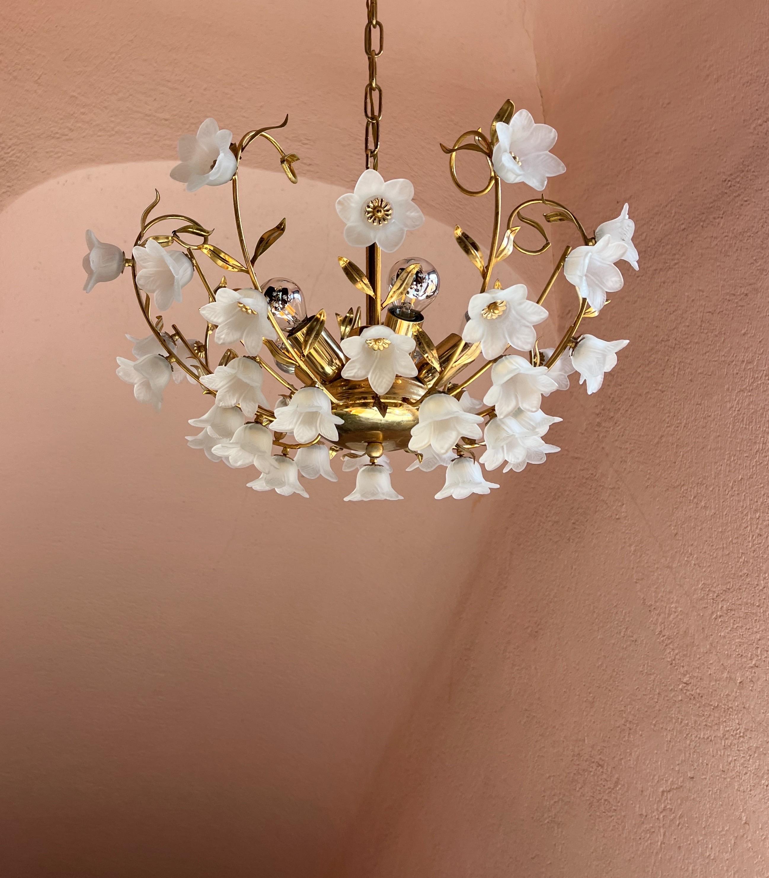 Mid-Century Modern Murano Glass Flower ceiling light with Gold Metal Leaves Italy 1970s For Sale