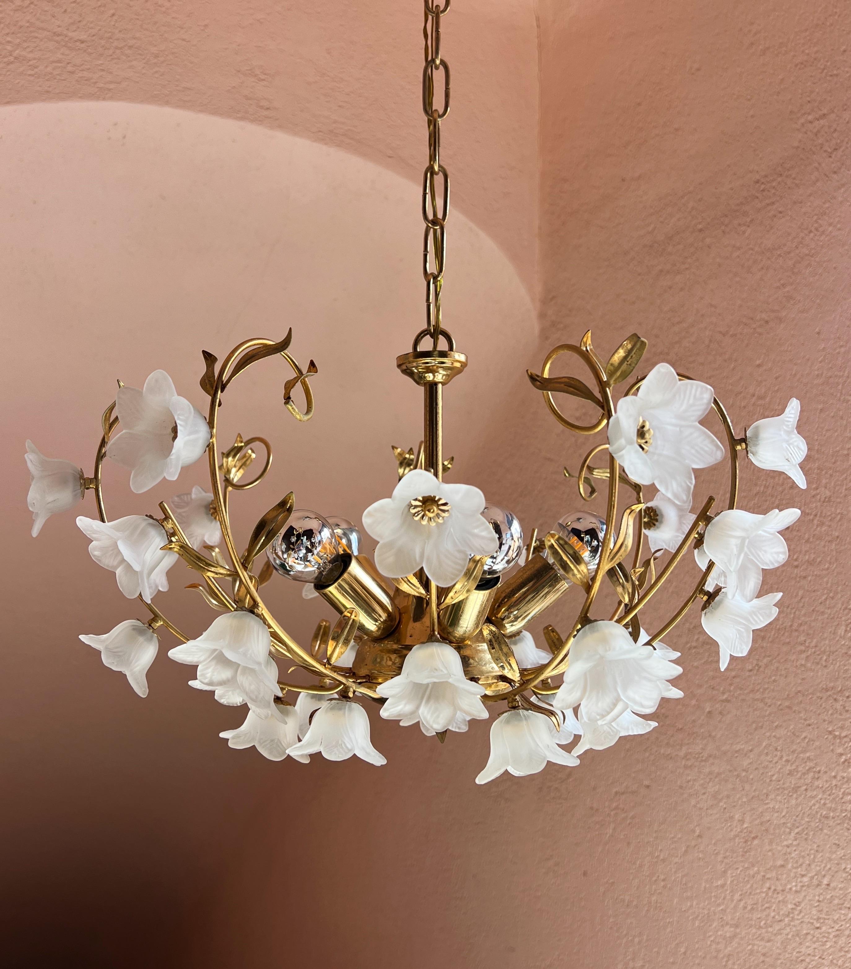 Italian Murano Glass Flower ceiling light with Gold Metal Leaves Italy 1970s For Sale