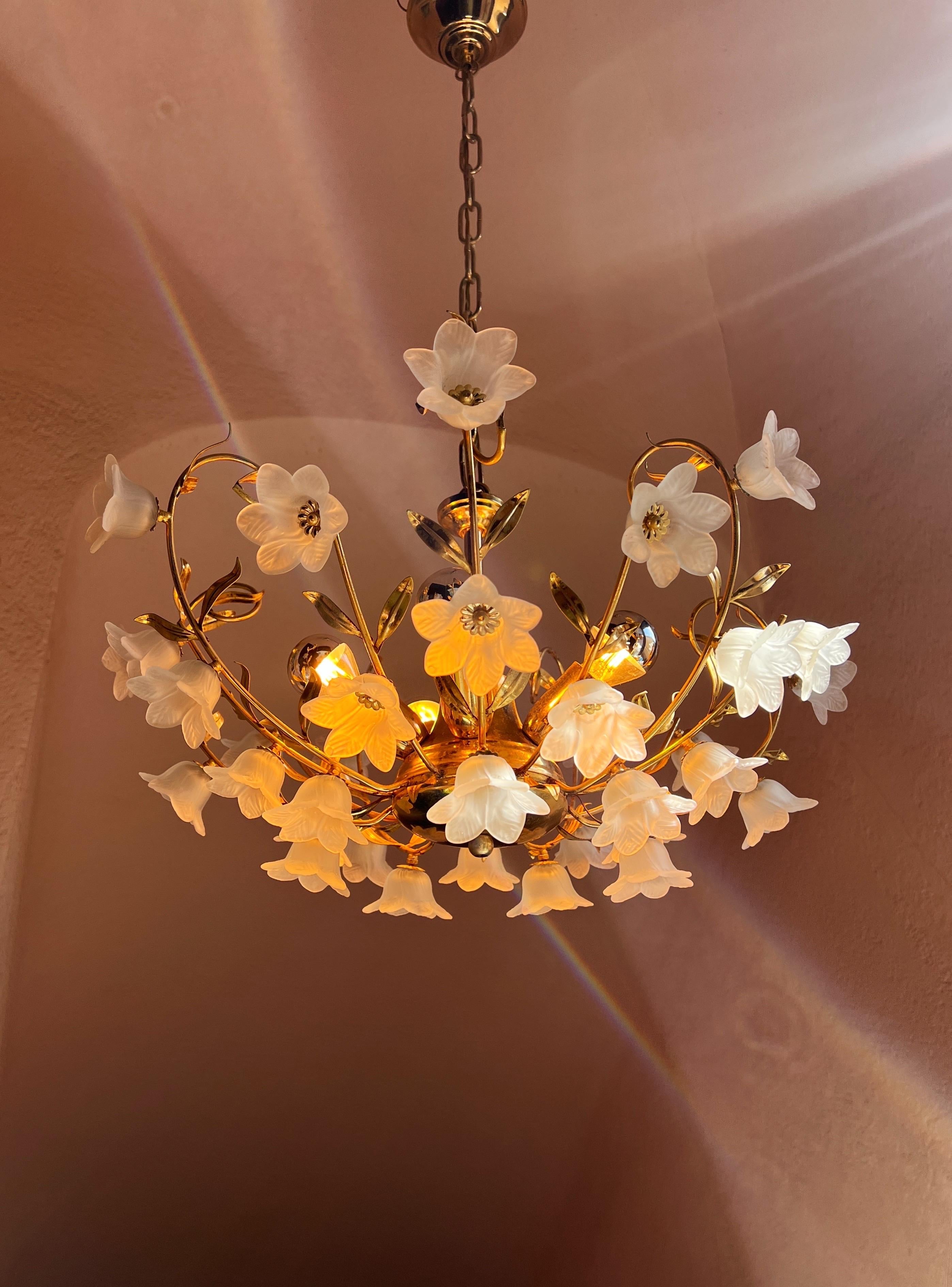Murano Glass Flower ceiling light with Gold Metal Leaves Italy 1970s For Sale 1