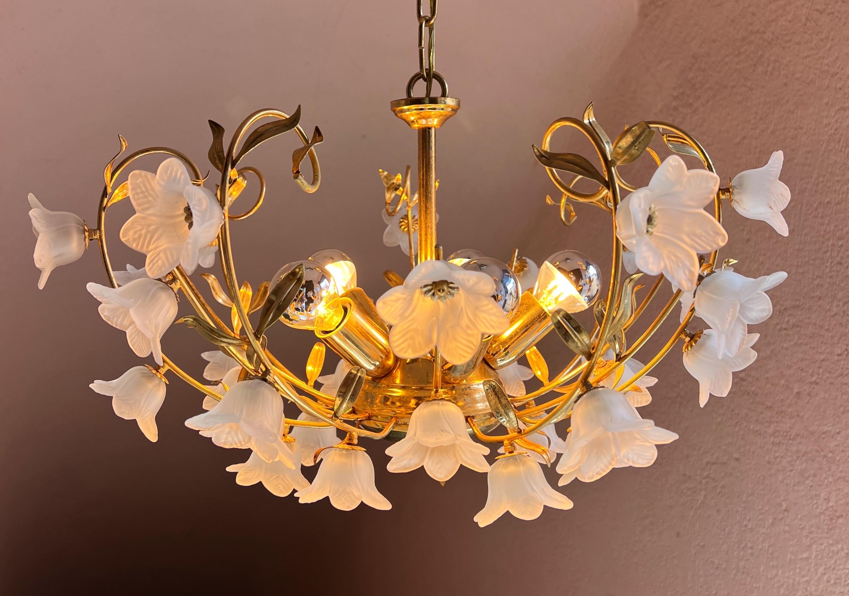 Murano Glass Flower ceiling light with Gold Metal Leaves Italy 1970s For Sale 3