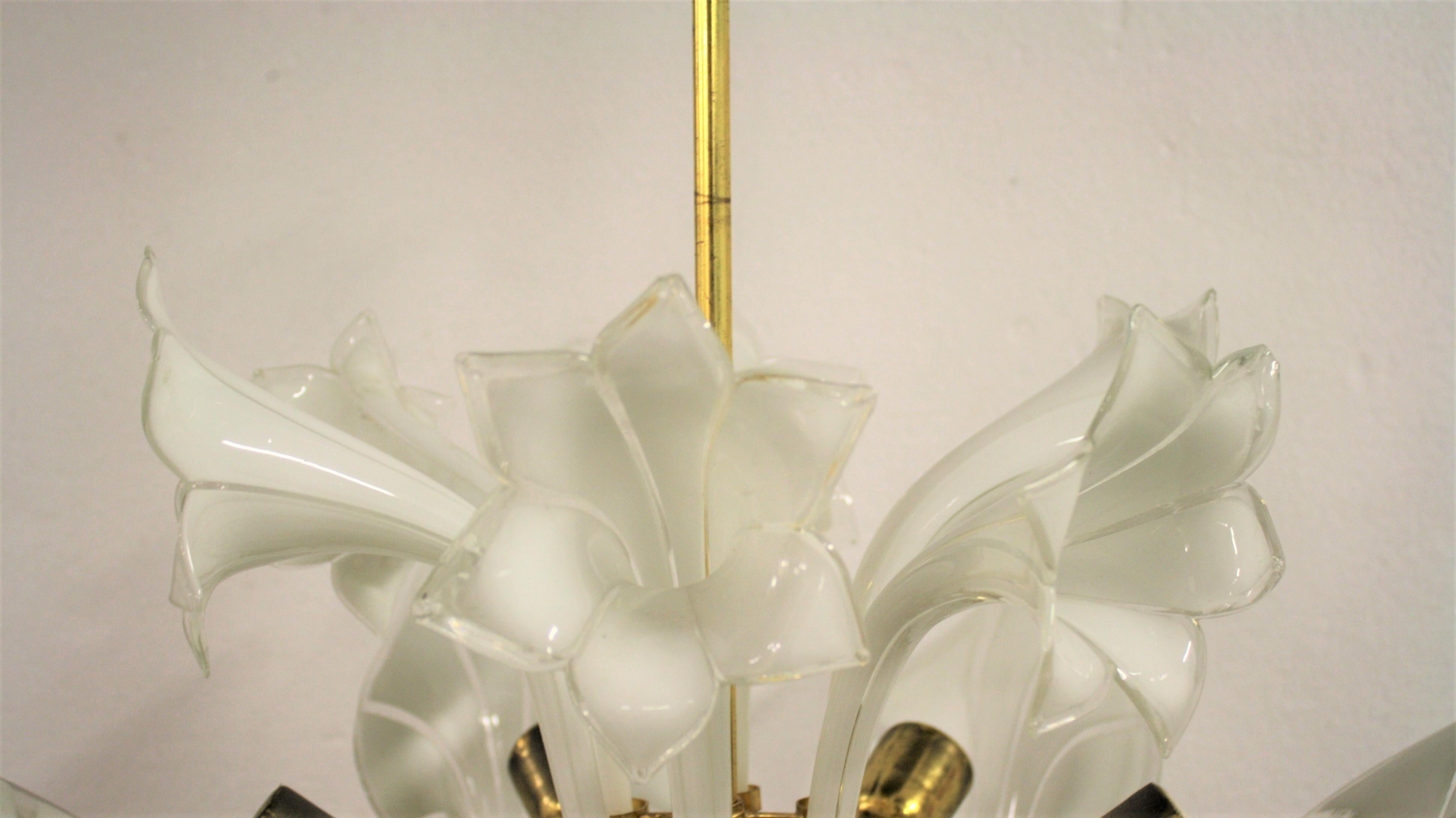 Brass Murano Glass Flower Chandelier, 1960s