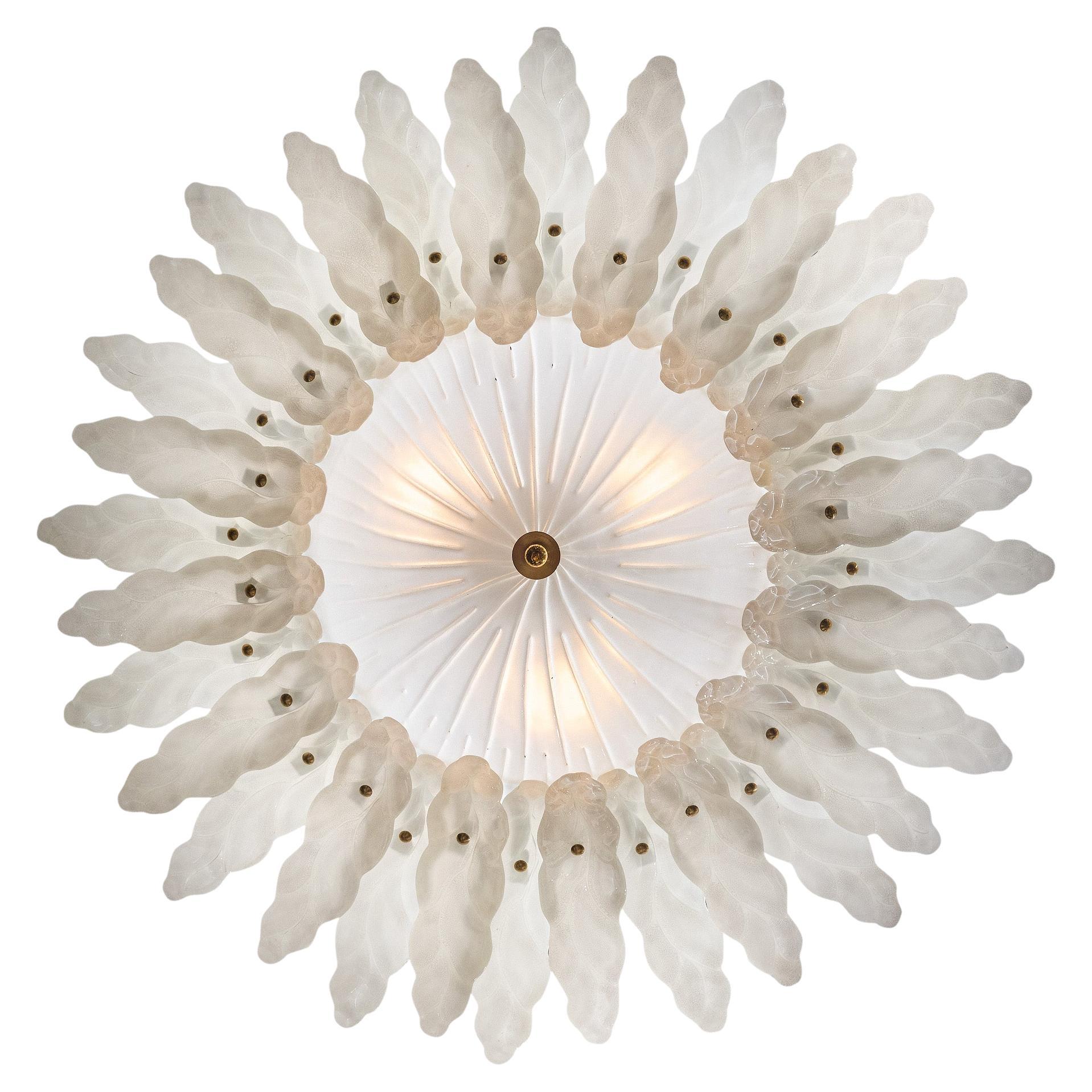 Murano Glass Flower Flush Mount Light Fixture, Brass, Mid-Century Style