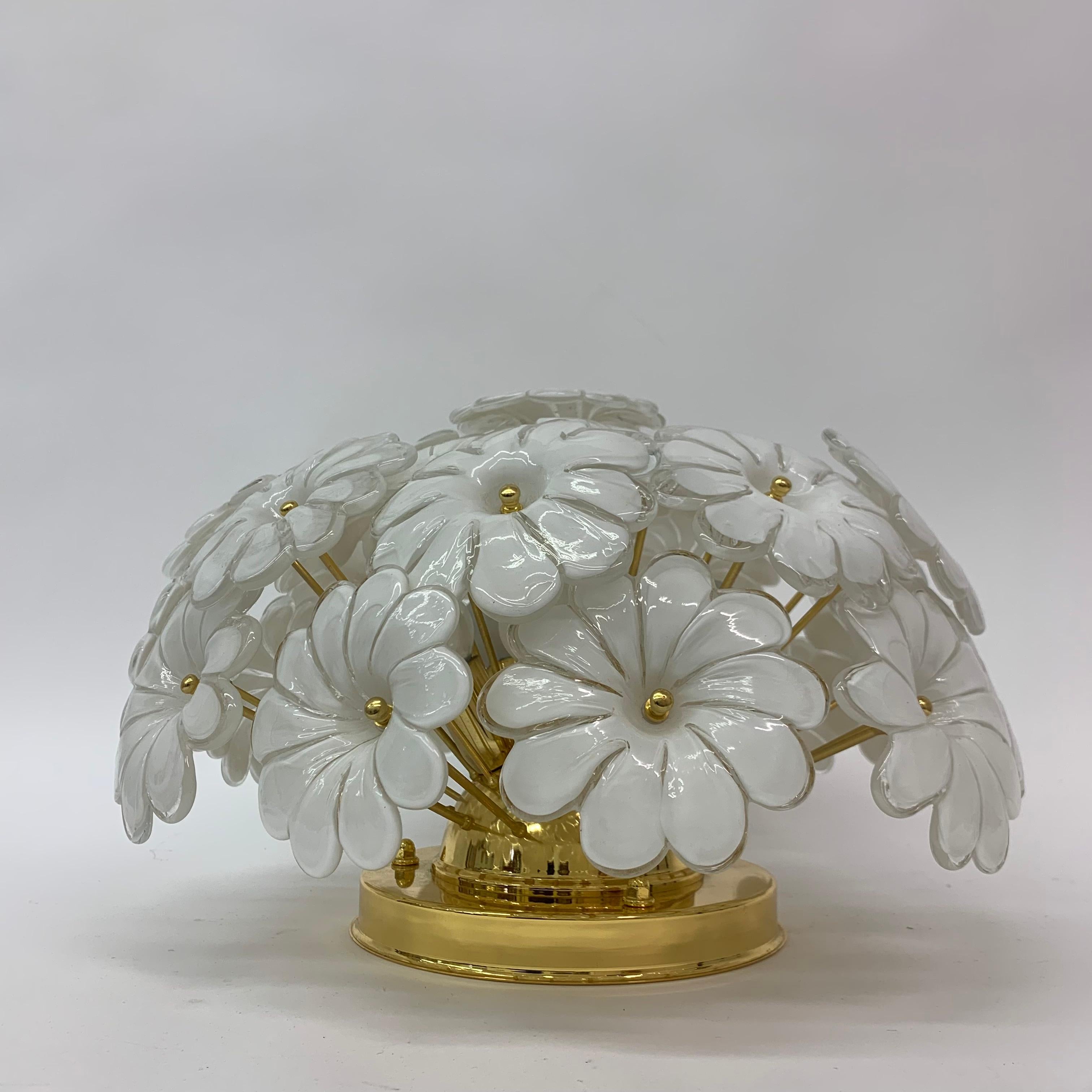 Metal Murano Glass Flower Italian Ceiling Lamp, 1970s For Sale