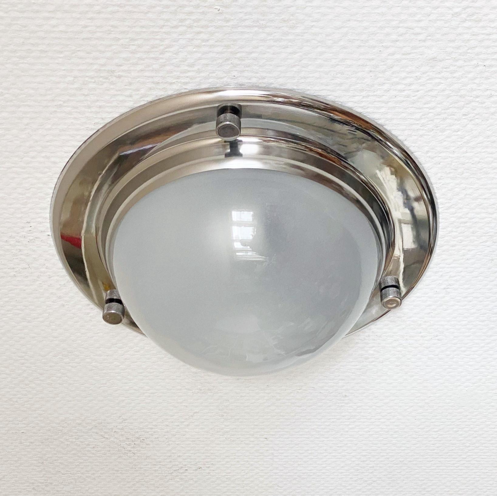 Plated Murano Oplascent Glass Brass Fluch Mount or Wall Light by Azucena Italy, 1960s For Sale
