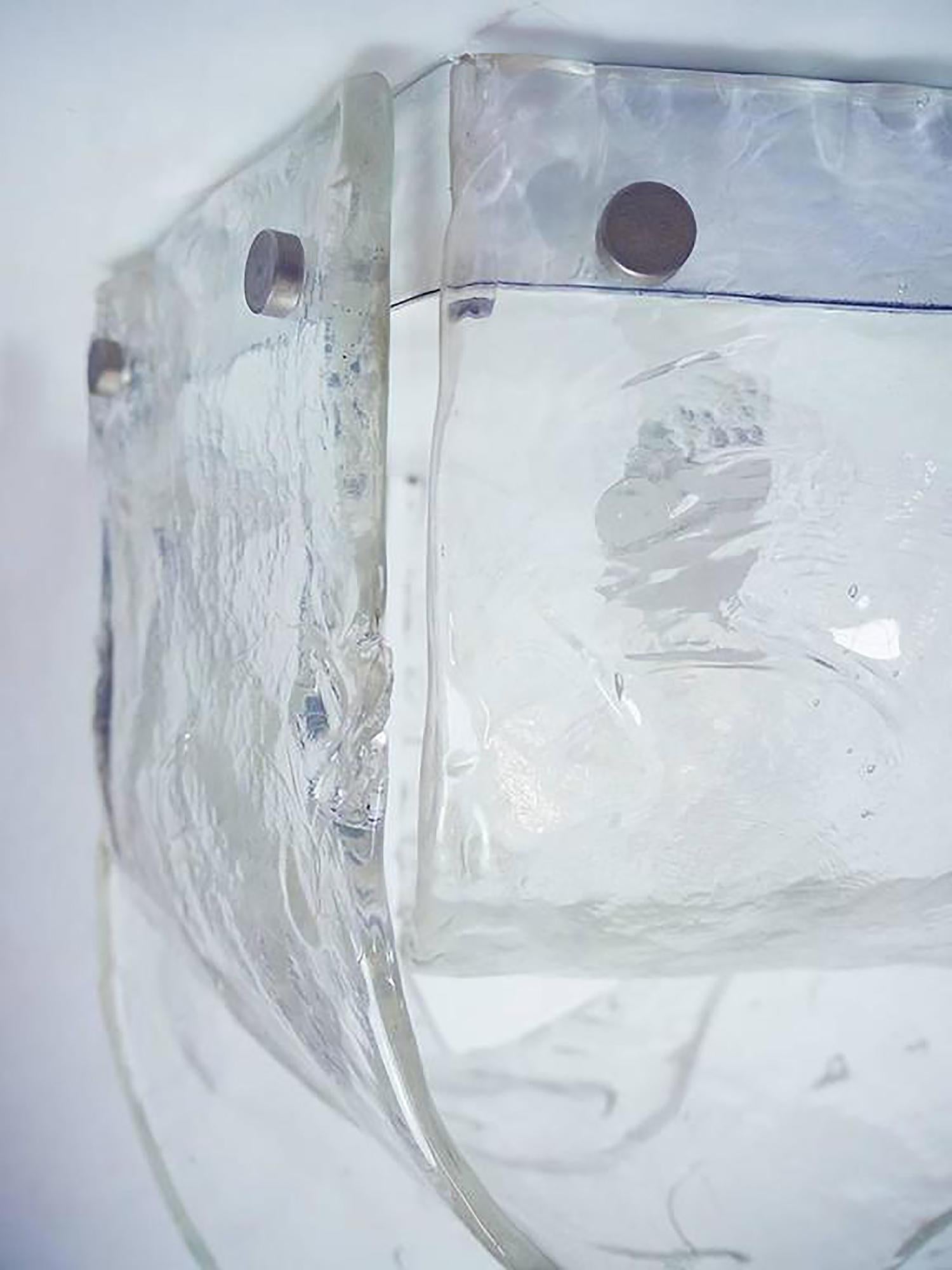 Elegant handblown Italian light by Carlo Nason for Mazzega in an ice glass pattern. Made in Italy in the 1960s. 
 
Design: Carlo Nason. 
Maker: Mazzega. 
Measures: height 13.8“ in. (35 cm), width 13.8“ in. (35 cm), depth 14“ in. (36 cm). 
Lighting: 