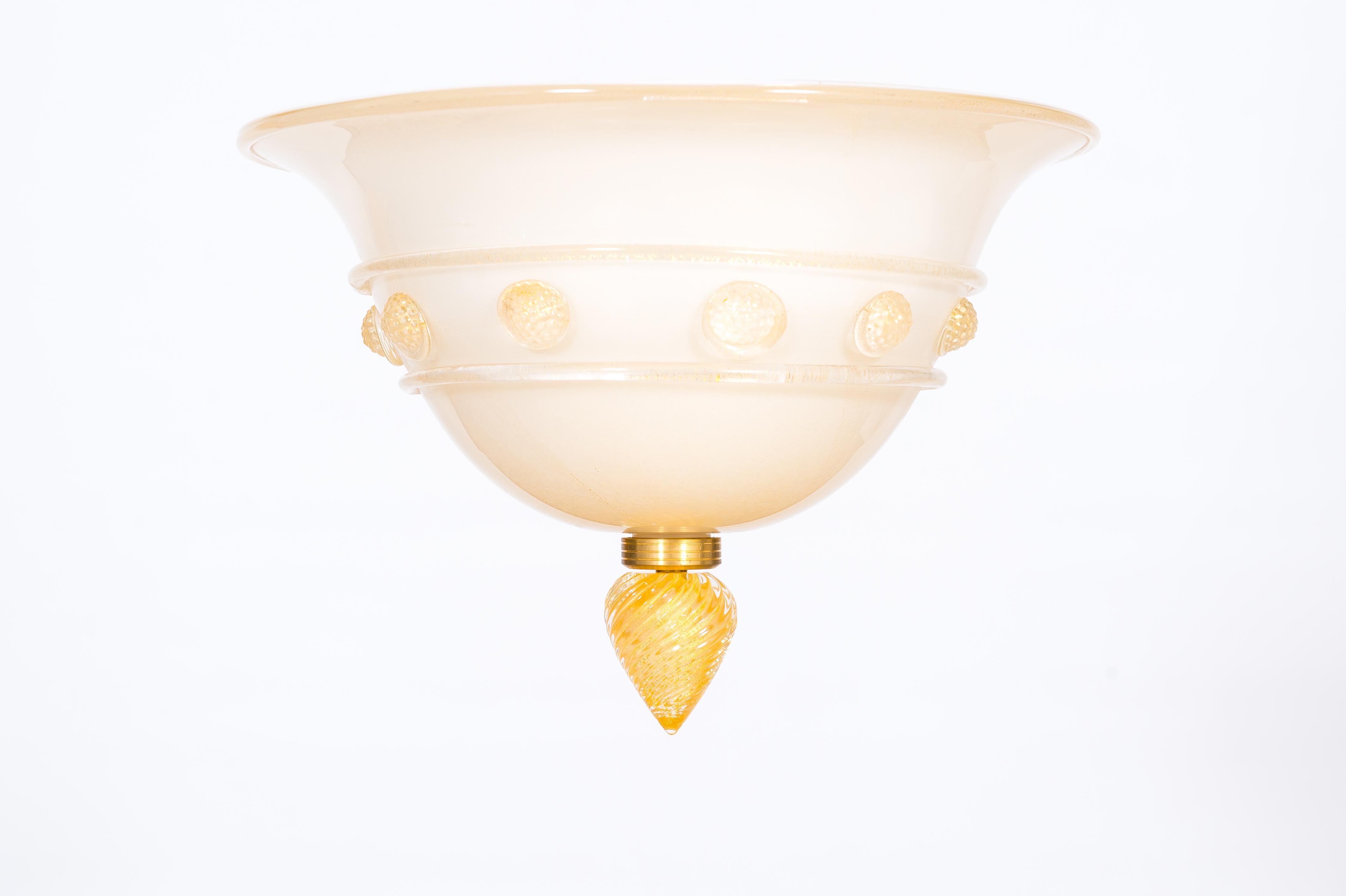 Art Deco Murano Glass Flush Mount Ivory and Gold Color Decò, Italy For Sale
