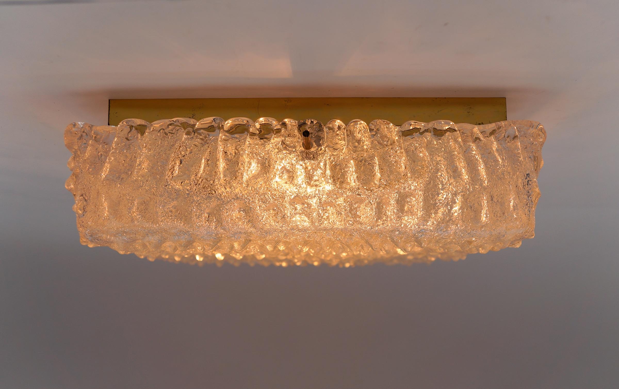 Metal Murano Glass Flush Mount Lamp with Crocodile Skin Surface Texture by Hillebrand For Sale