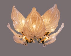 1 'of 2' Leaf Flush Mount Chandelier Murano Glass & Brass by Novaresi Italy 1970