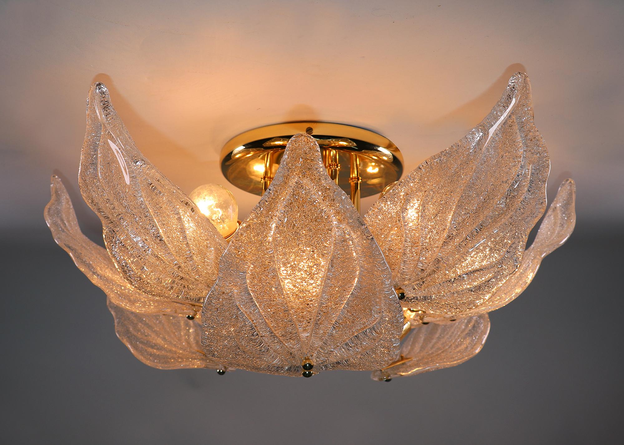 Hollywood Regency 1 'of 2' Murano Glass Flush Mount Leaf Chandelier by Novaresi, Milano Italy For Sale