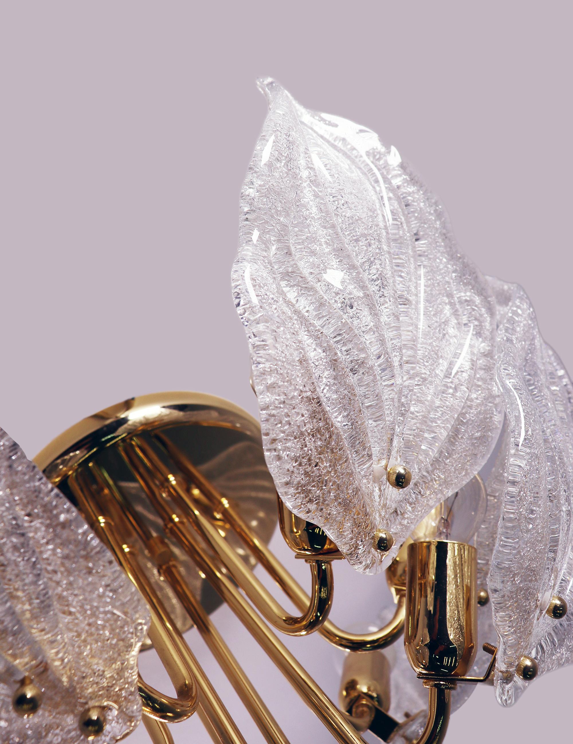 Italian 1 'of 2' Leaf Flush Mount Chandelier Murano Glass & Brass by Novaresi Italy 1970 For Sale