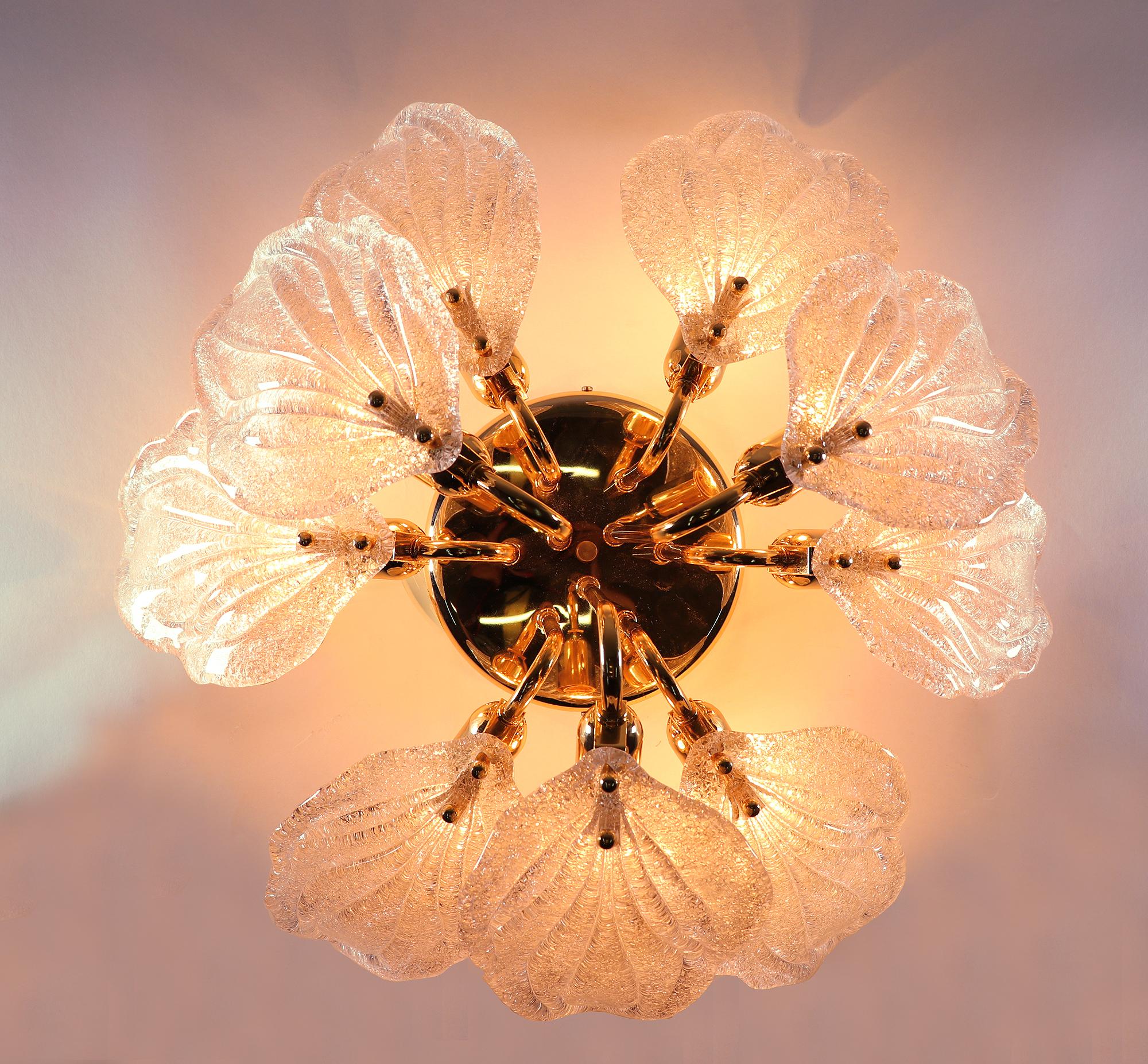 Gilt 1 'of 2' Murano Glass Flush Mount Leaf Chandelier by Novaresi, Milano Italy For Sale