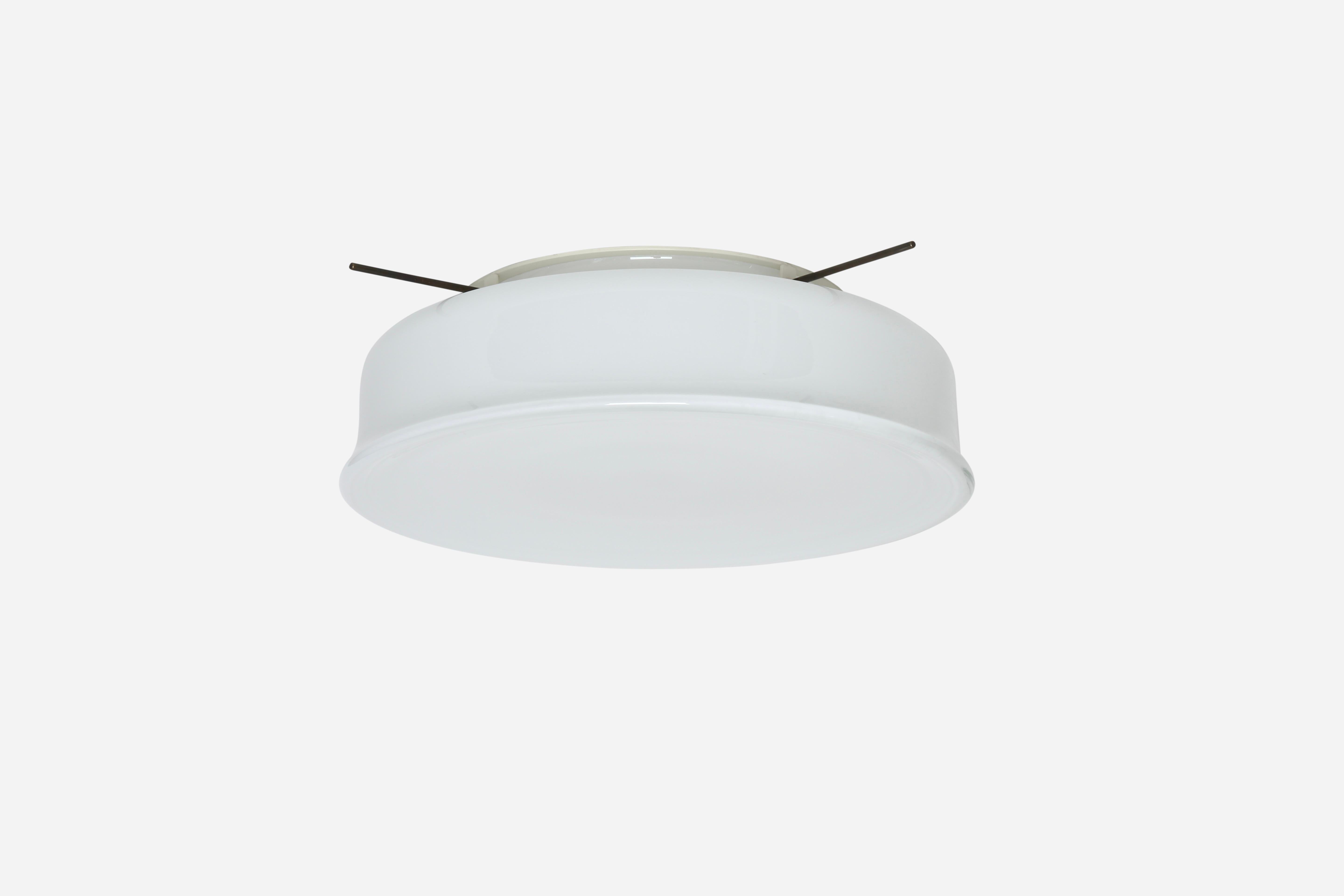 Murano glass flush mount ceiling light by Vistosi, attributed.
Glass is probably made by Vistosi, metal frame is new and custom made.
Designed and made in Italy, 1960s.
White opaline glass, enameled metal.
Takes 3 Edison bulbs.
Complimentary US