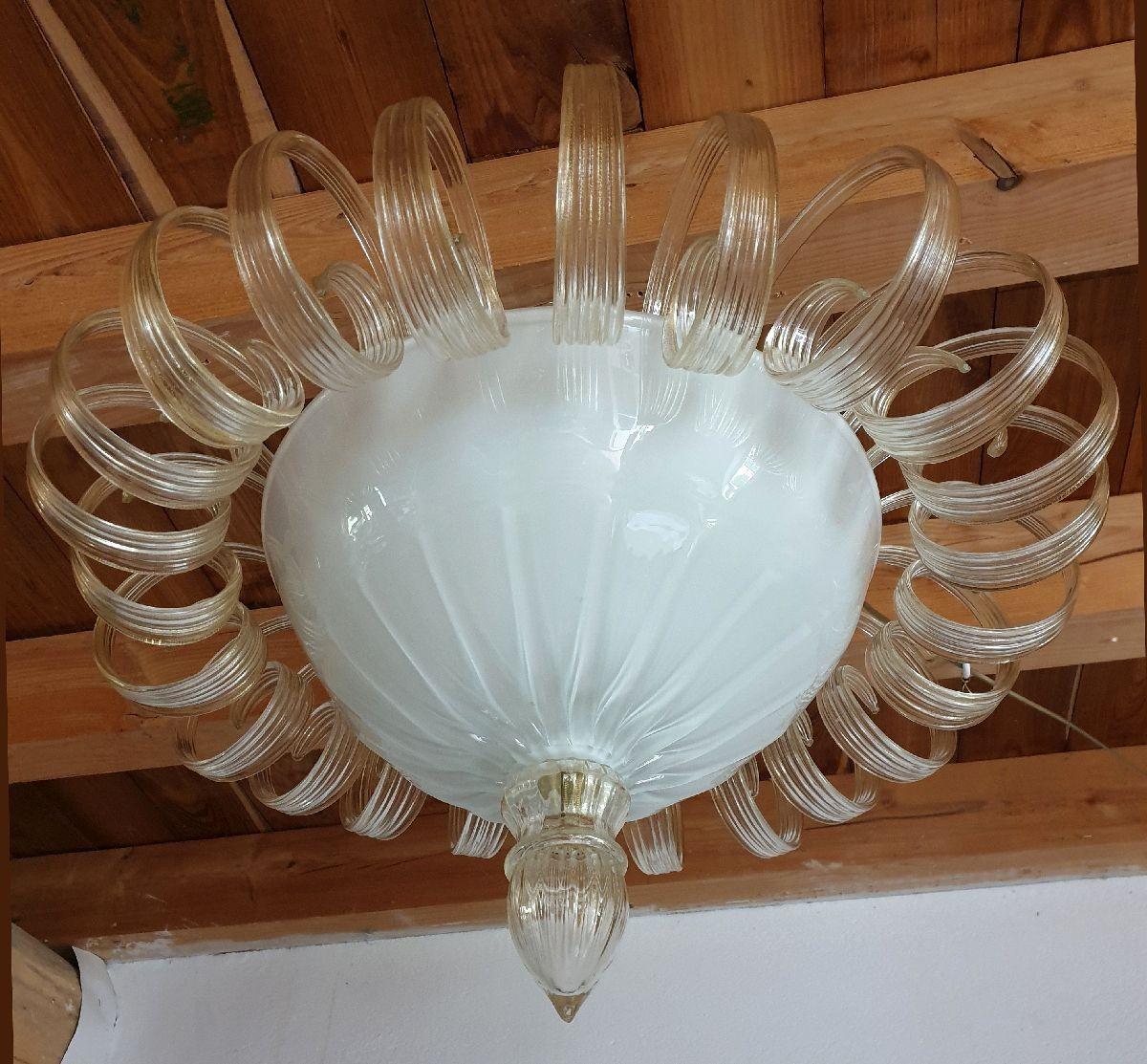 Mid-Century Modern White Murano Glass Flush Mount Light, Italy For Sale