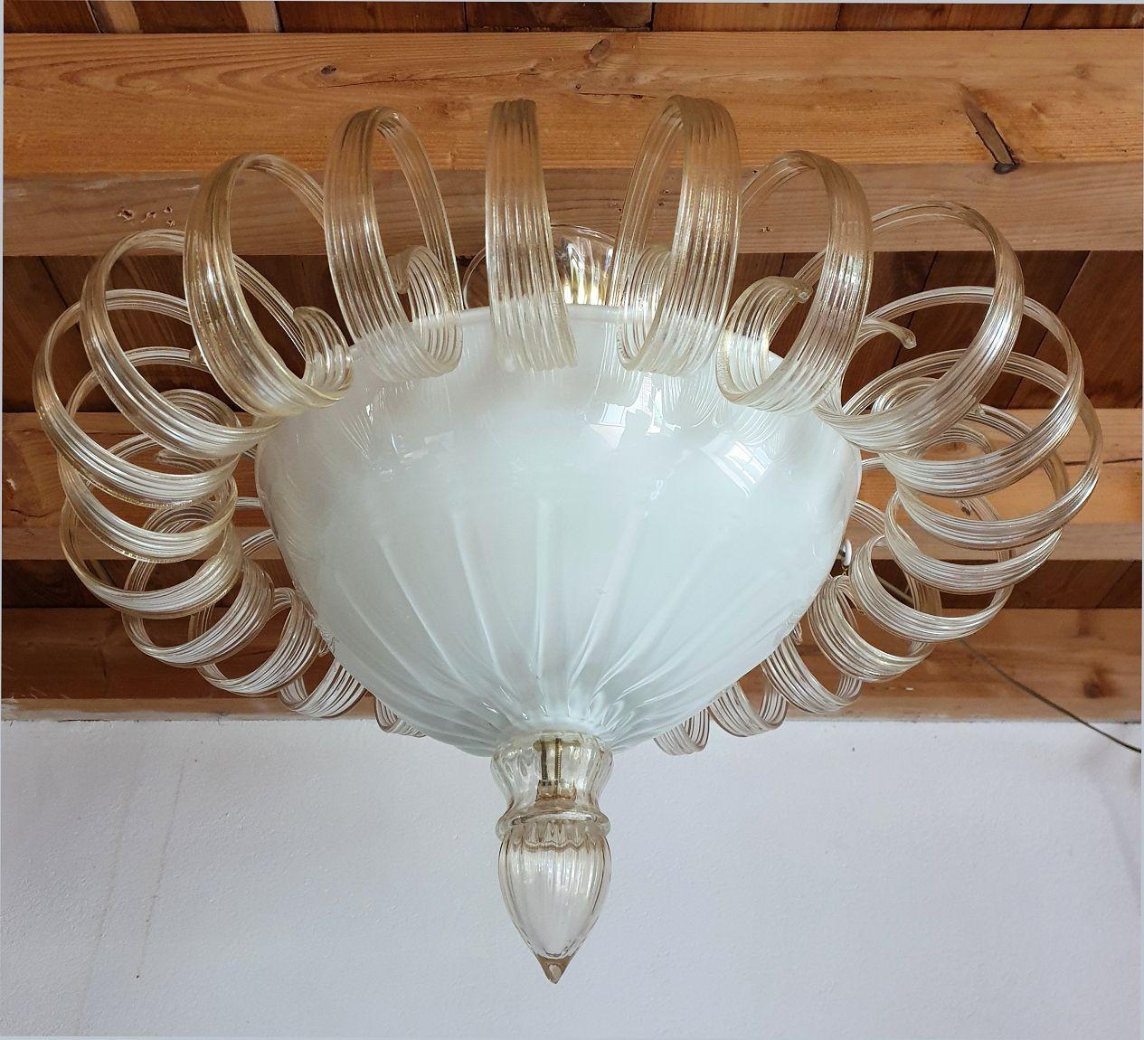 Italian White Murano Glass Flush Mount Light, Italy For Sale