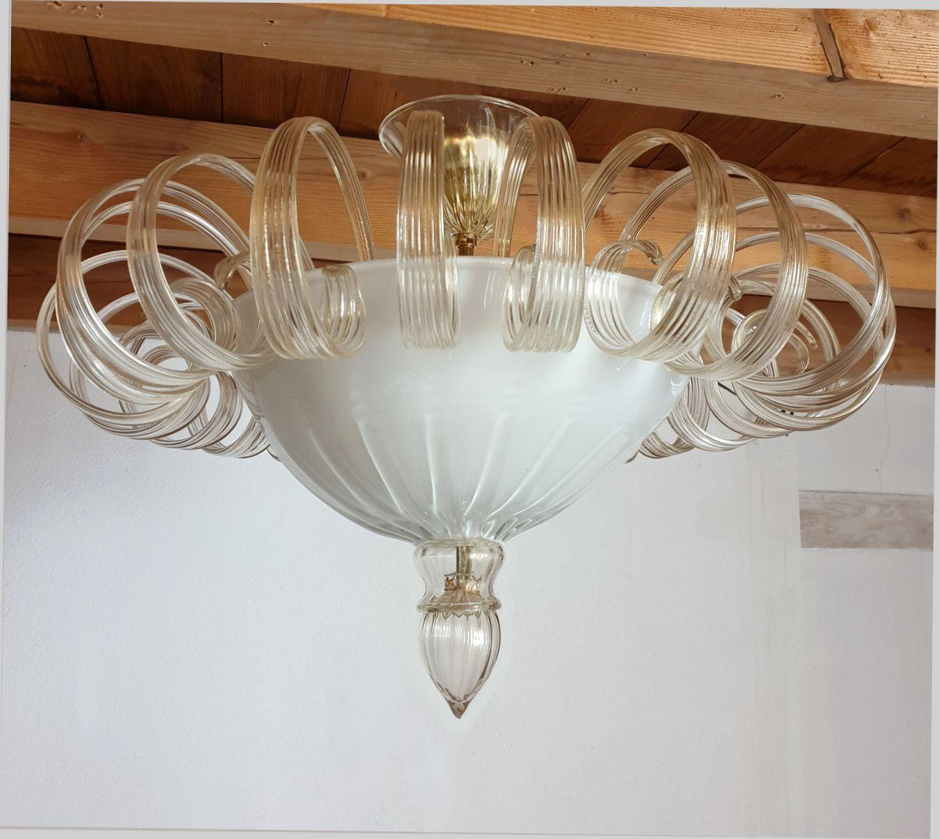 White Murano Glass Flush Mount Light, Italy In Excellent Condition For Sale In Dallas, TX