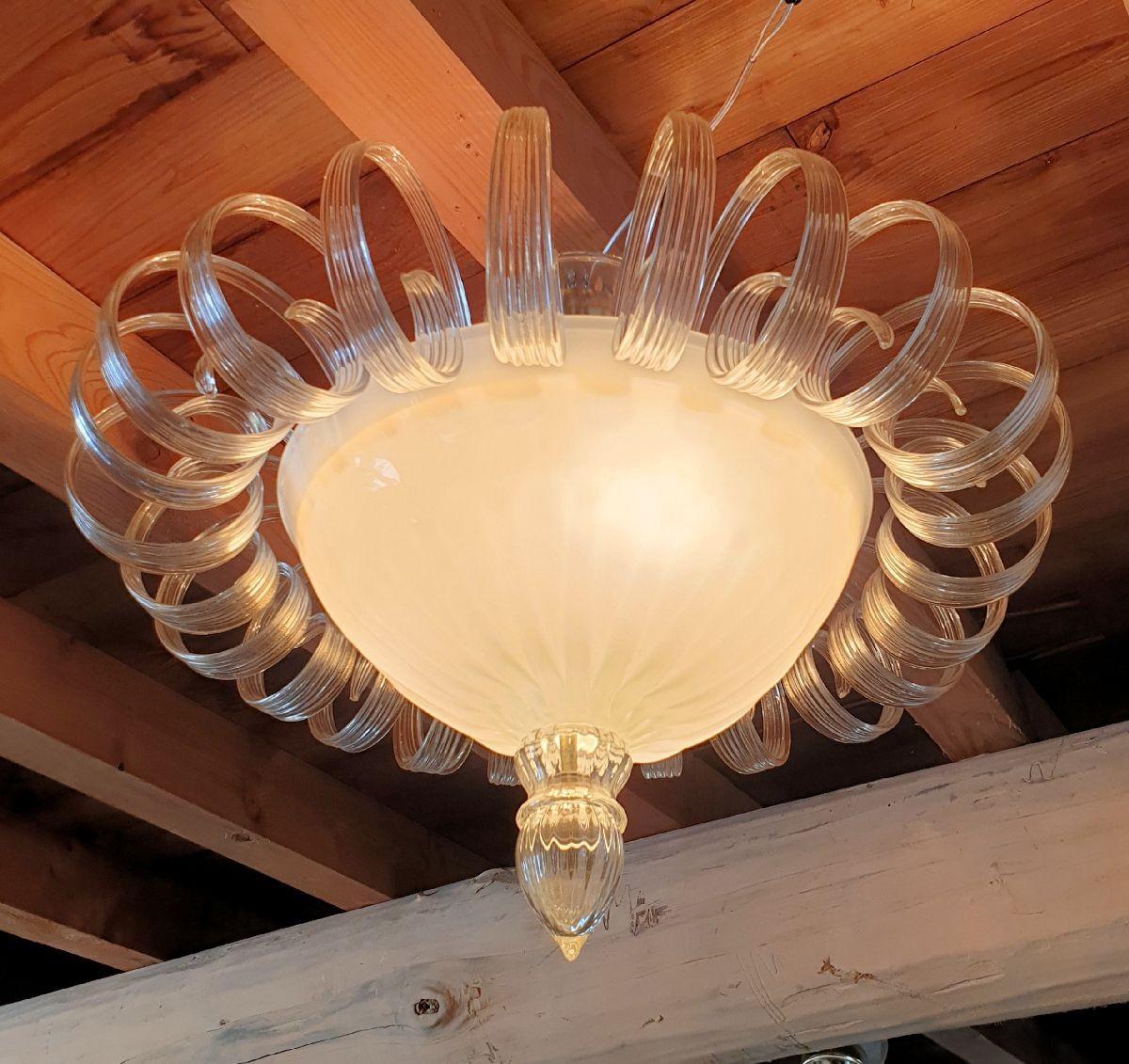 Late 20th Century White Murano Glass Flush Mount Light, Italy For Sale