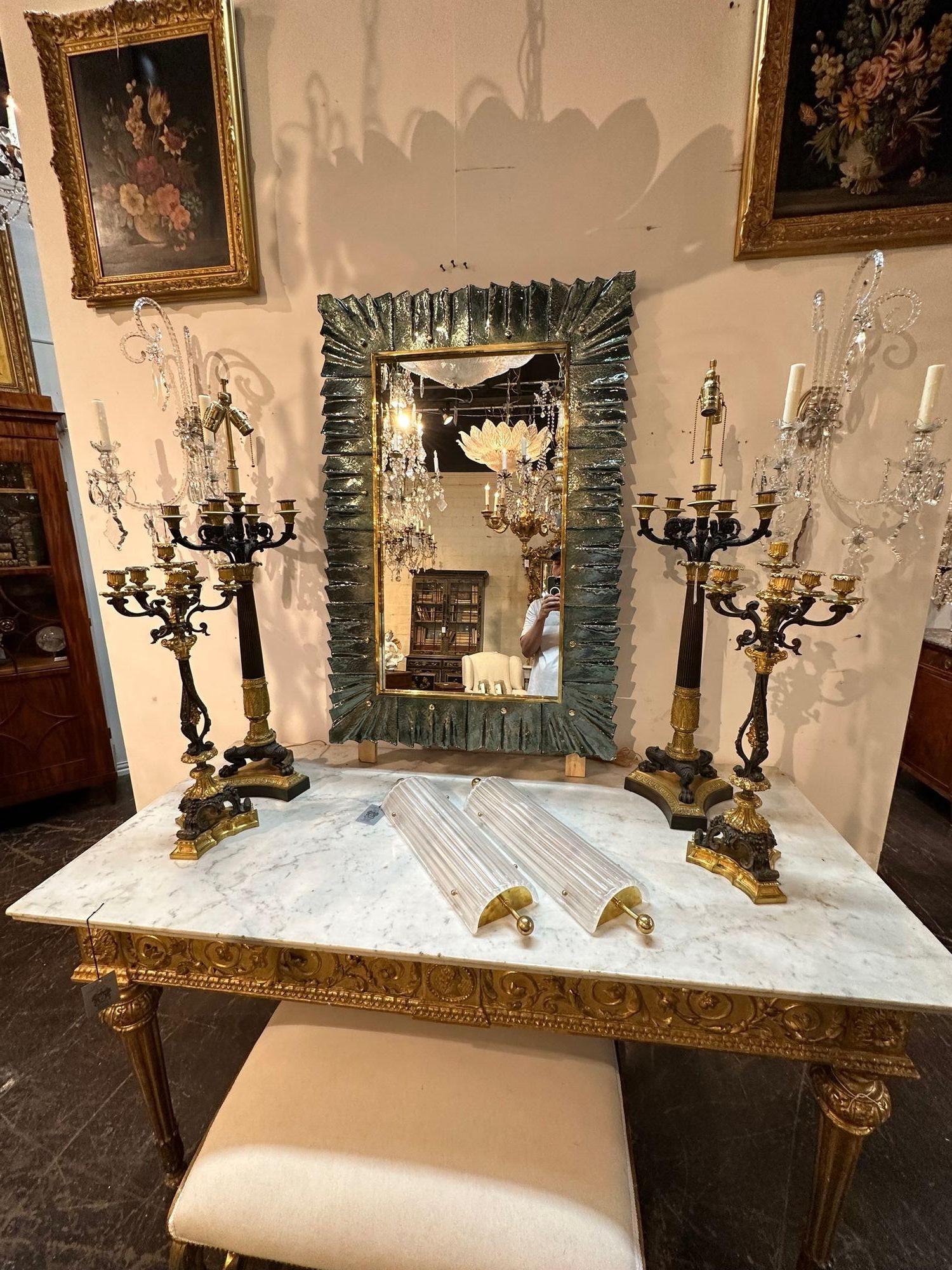 Brass Murano Glass Fontana Green Fold Mirror For Sale
