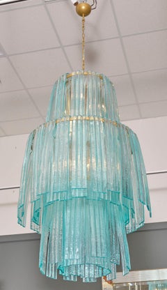 Murano Glass Forcine Chandelier, Aquamarine Blue, Brass, Made in Italy