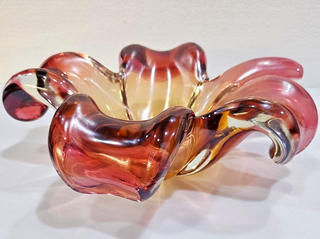 Mid-Century Modern CLOSING SALE Murano Glass 4 Leaf Clover Bowl, Reddish-Pink Light Golden, Seguso