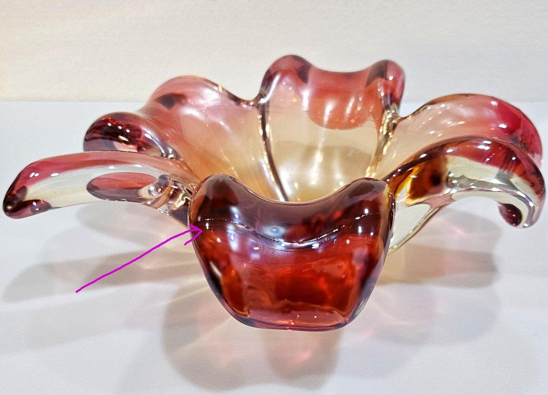 CLOSING SALE Murano Glass 4 Leaf Clover Bowl, Reddish-Pink Light Golden, Seguso 1