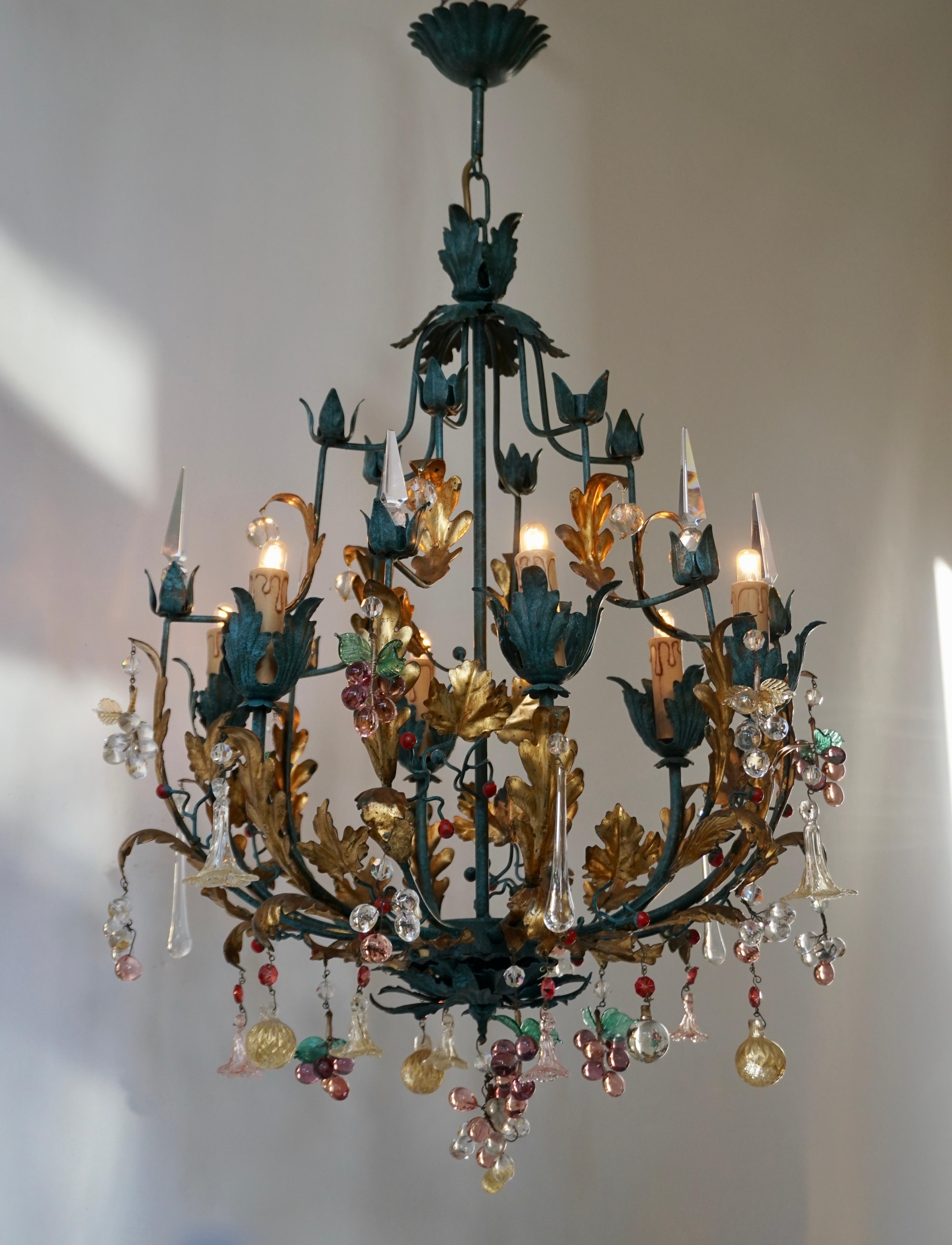20th Century Murano Glass 'Fruit' Chandelier Pendant Light, Glass Gilt Metal, 1950s