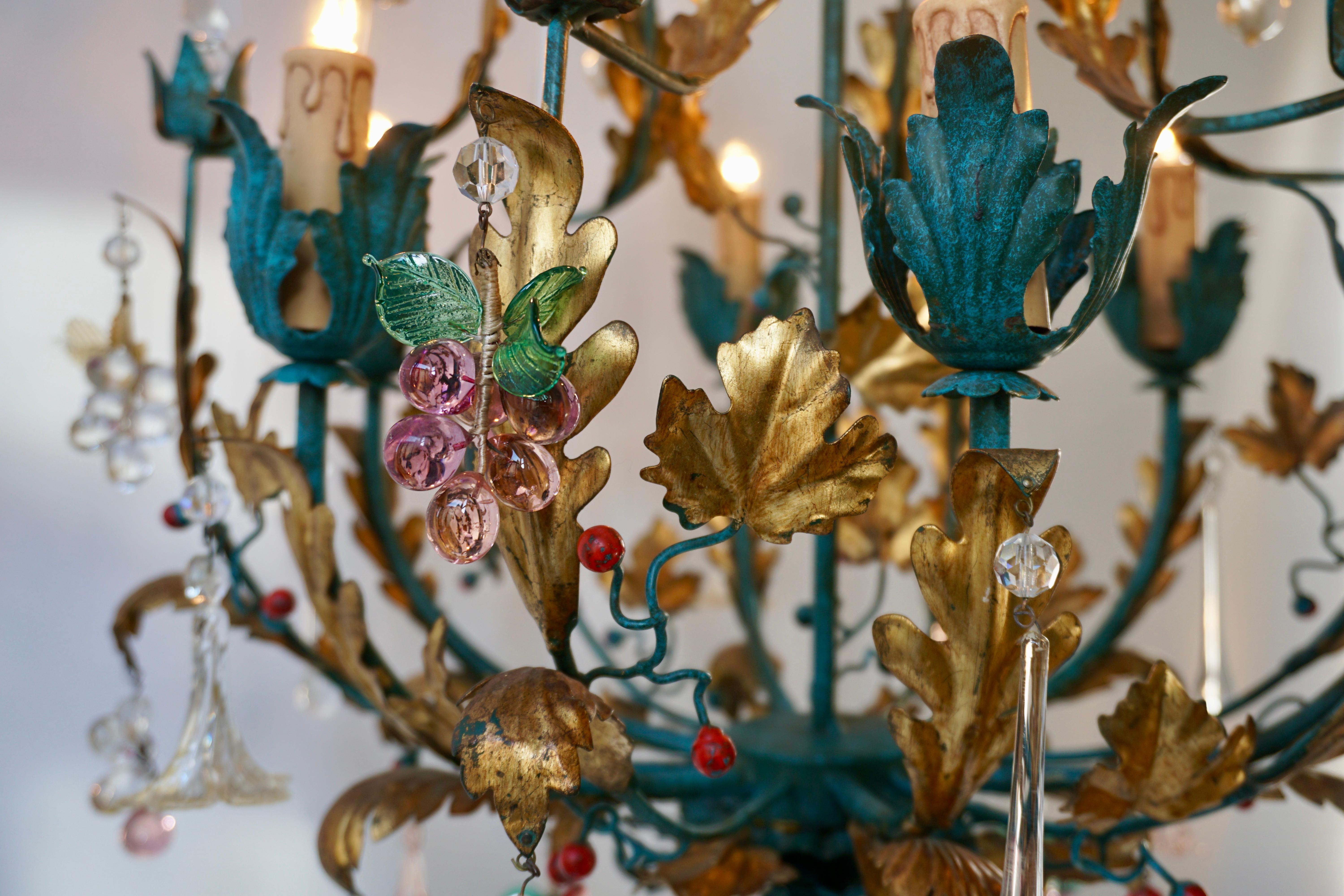 Crystal Murano Glass 'Fruit' Chandelier Pendant Light, Glass Gilt Metal, 1950s