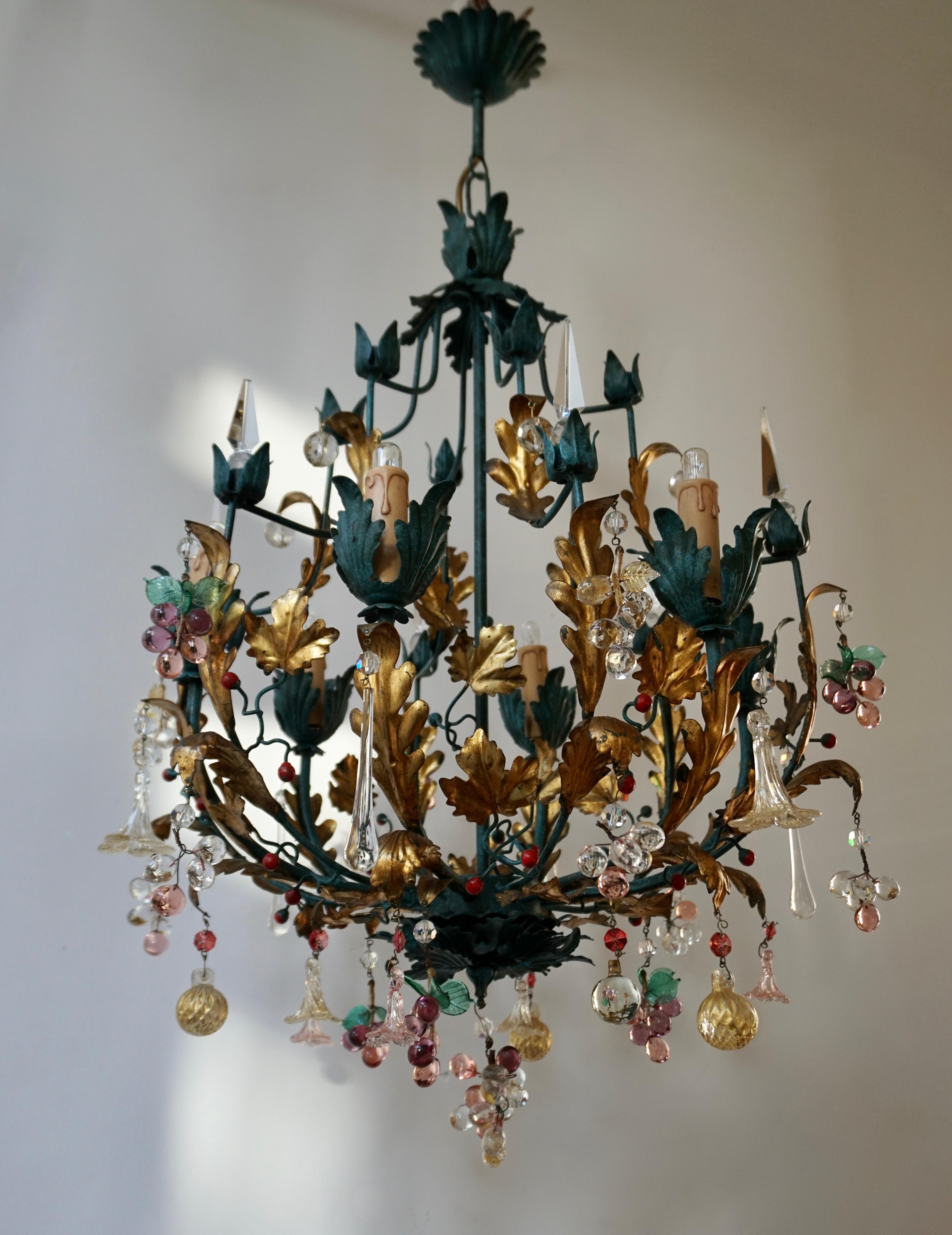 Murano Glass 'Fruit' Chandelier Pendant Light, Glass Gilt Metal, 1950s 4
