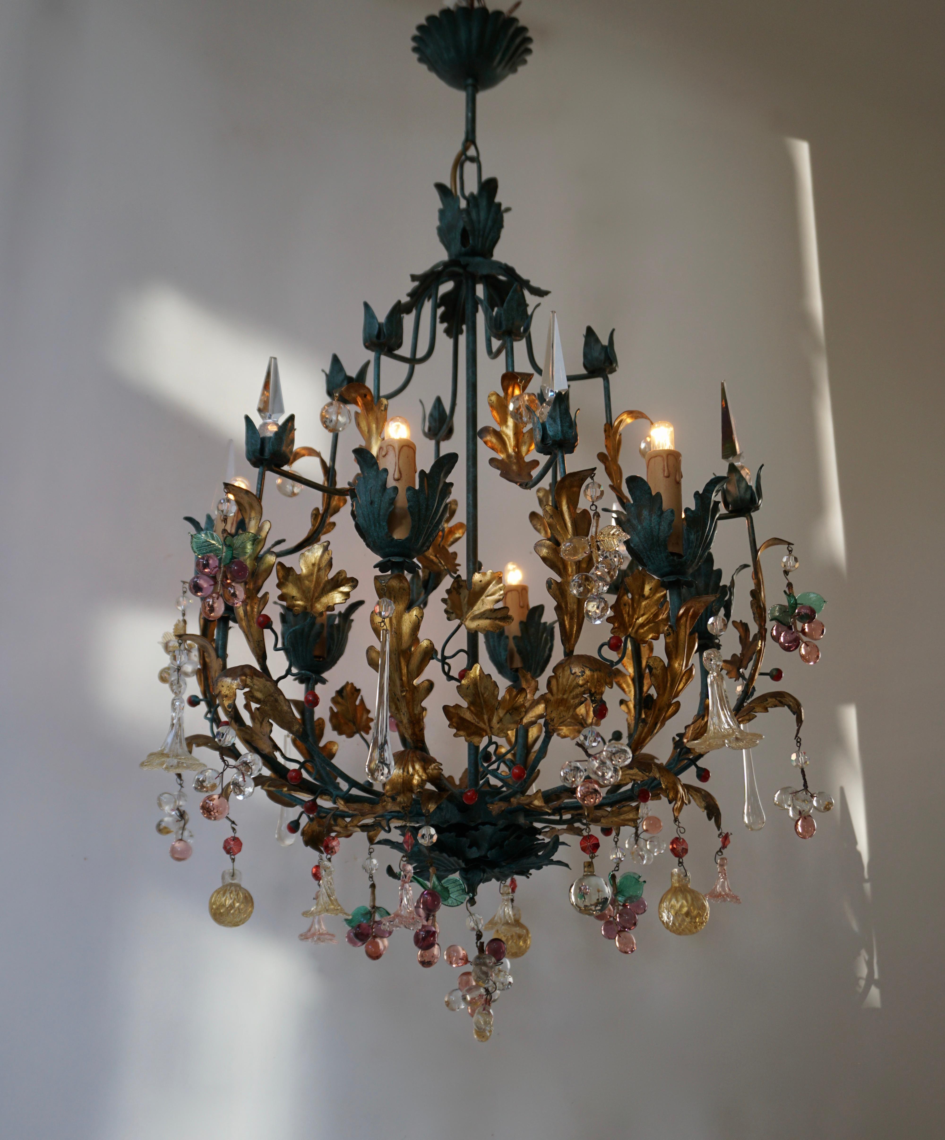 Mid-Century Modern Murano Glass 'Fruit' Chandelier Pendant Light, Glass Gilt Metal, 1950s