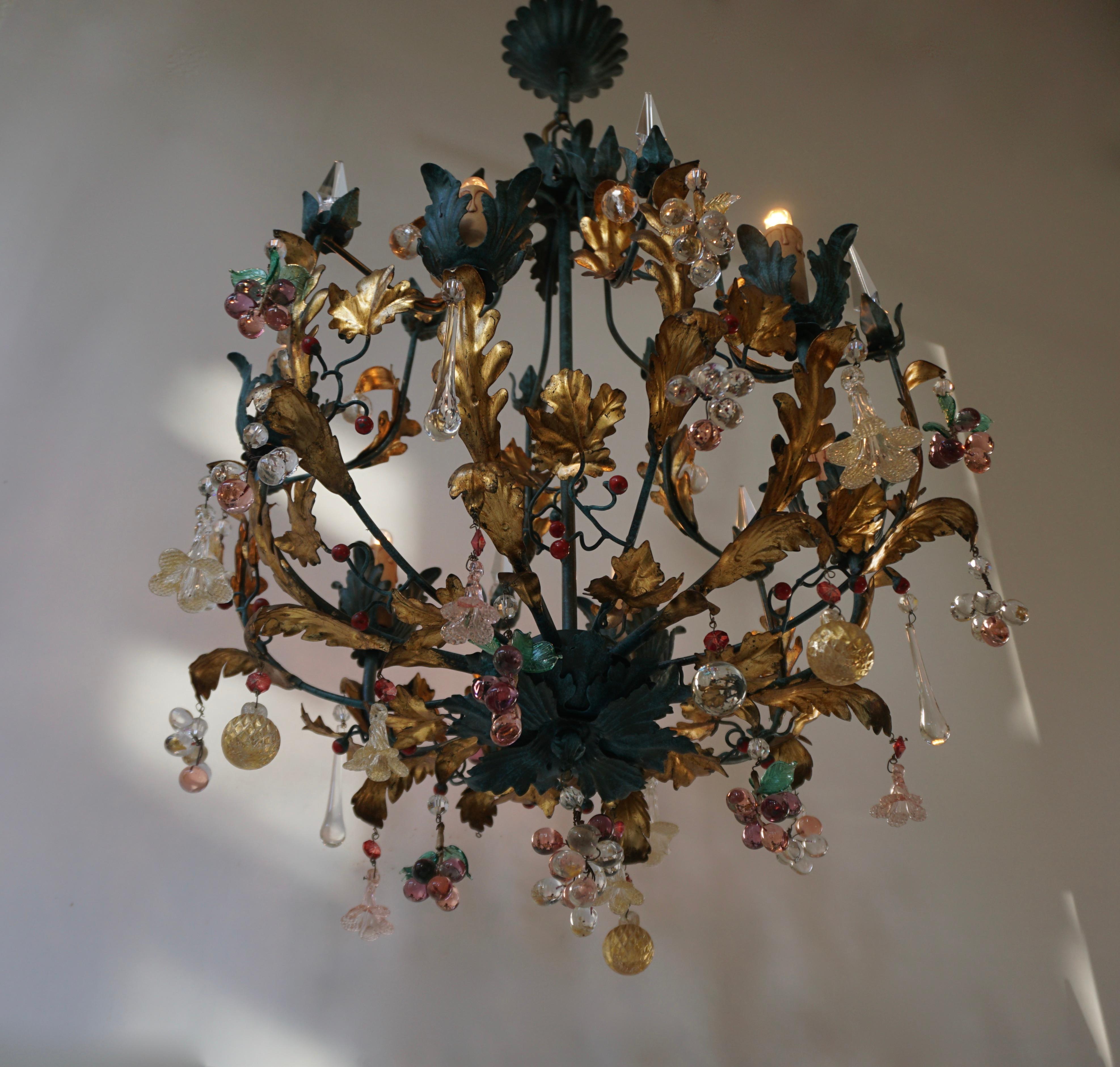 Italian Murano Glass 'Fruit' Chandelier Pendant Light, Glass Gilt Metal, 1950s