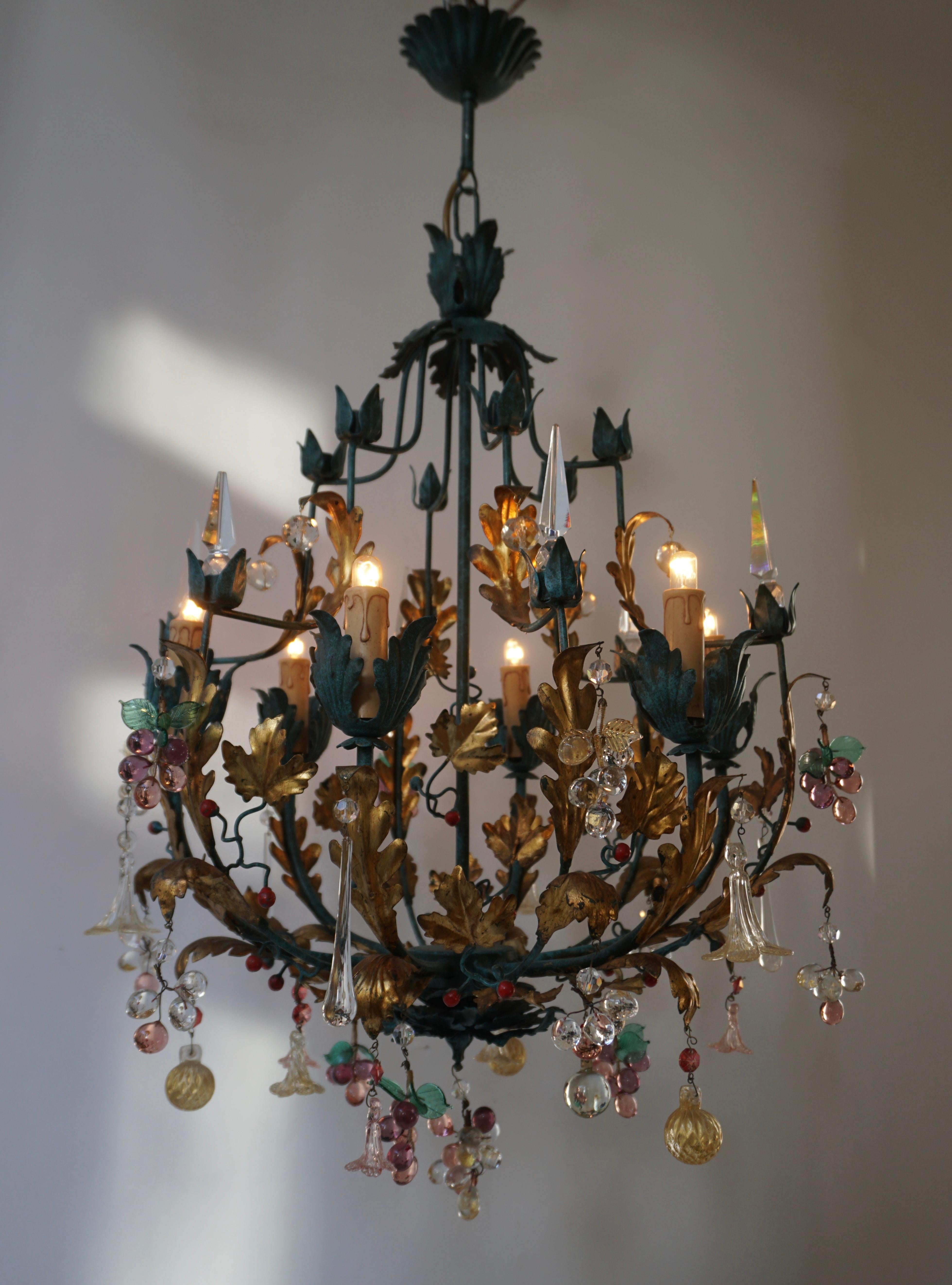 Murano Glass 'Fruit' Chandelier Pendant Light, Glass Gilt Metal, 1950s In Good Condition In Antwerp, BE
