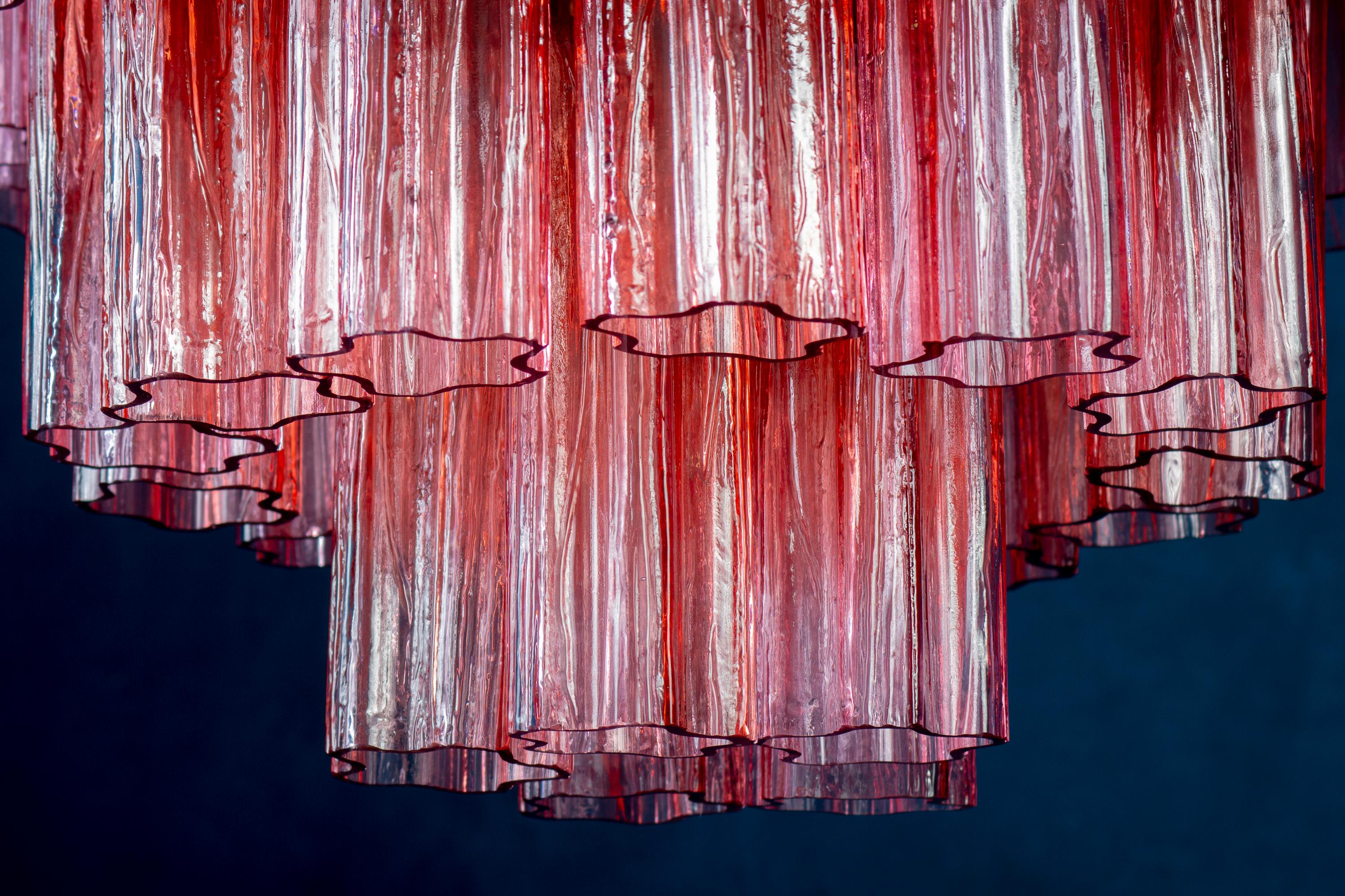 Blown Glass Murano Glass Fuchsia Red Tronchi Chandelier, 1970 For Sale