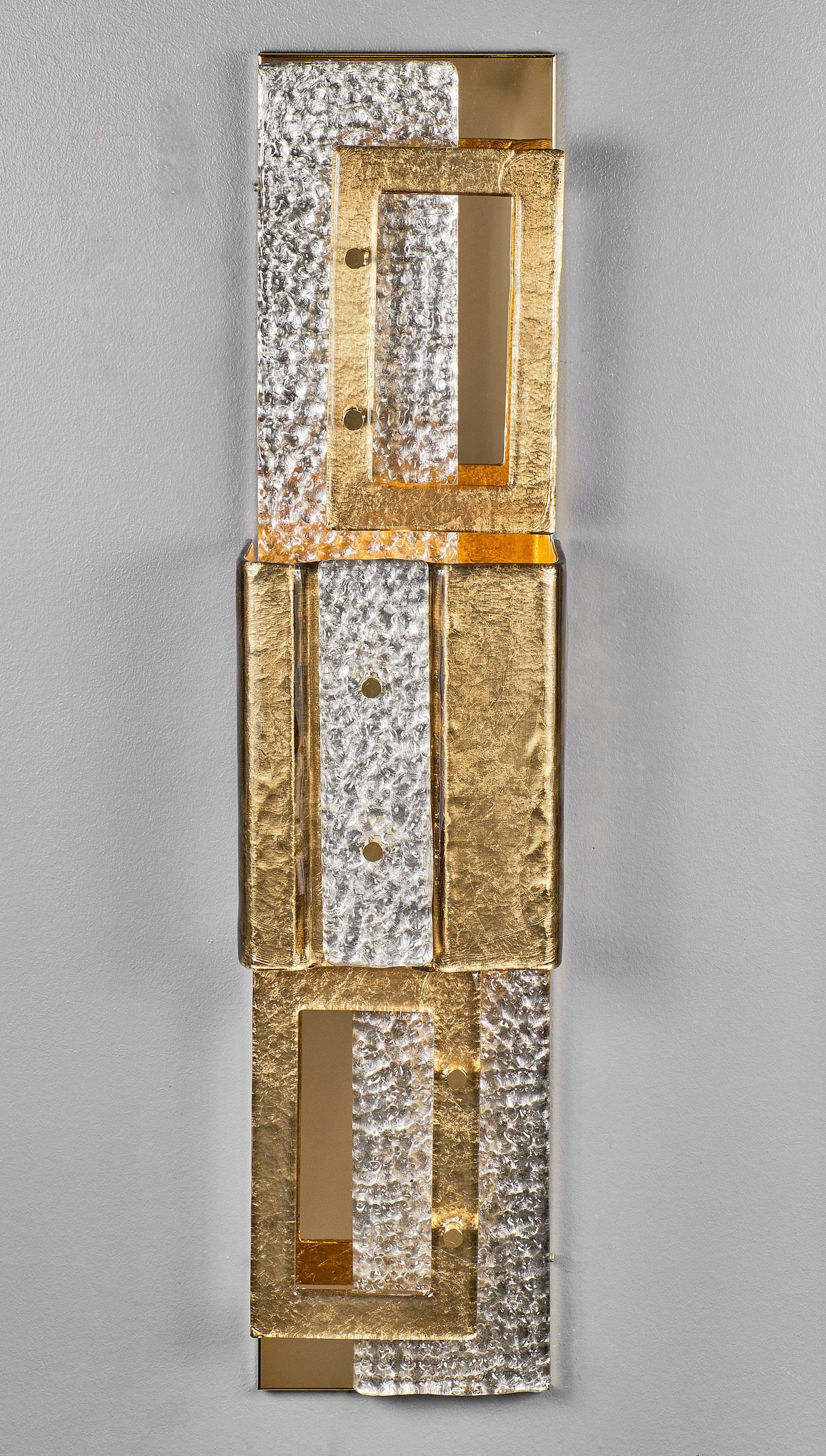 Murano Glass Geometric Gold Sconces In Good Condition For Sale In Austin, TX