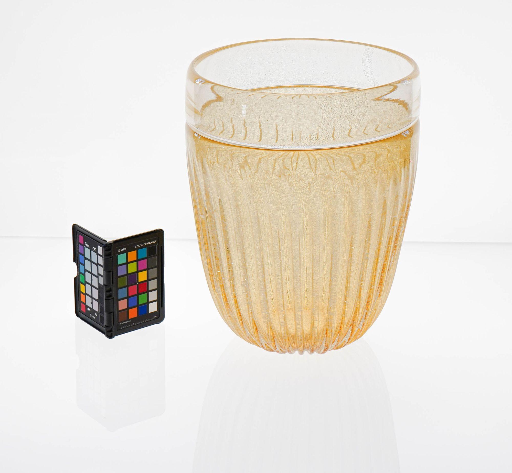 Murano glass Giant Vase, Gold leaf plain Incalmo over Ribbed Puligoso Amber body For Sale 13