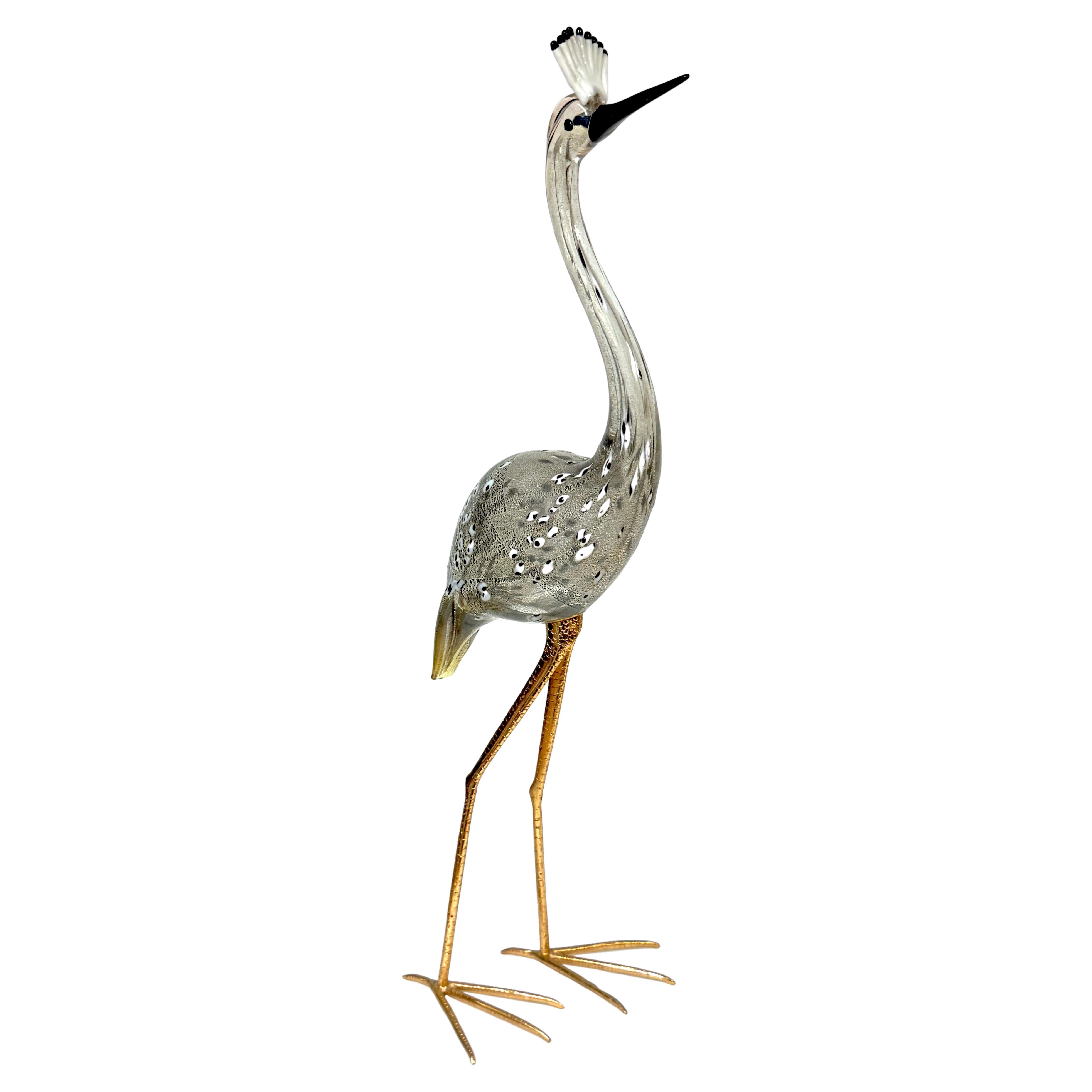 Scultura in vetro di Murano e bronzo dorato "Gru incoronata" di Licio Zanetti