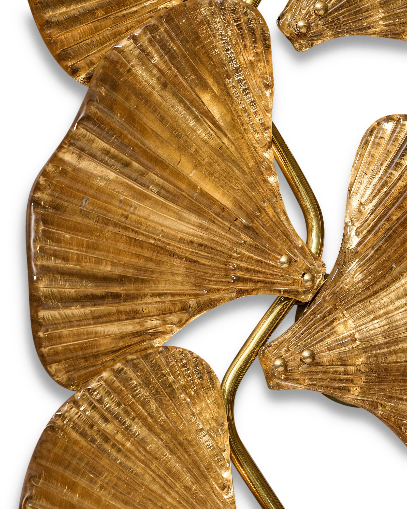 Brass Murano Glass Ginkgo Leaf Sconces