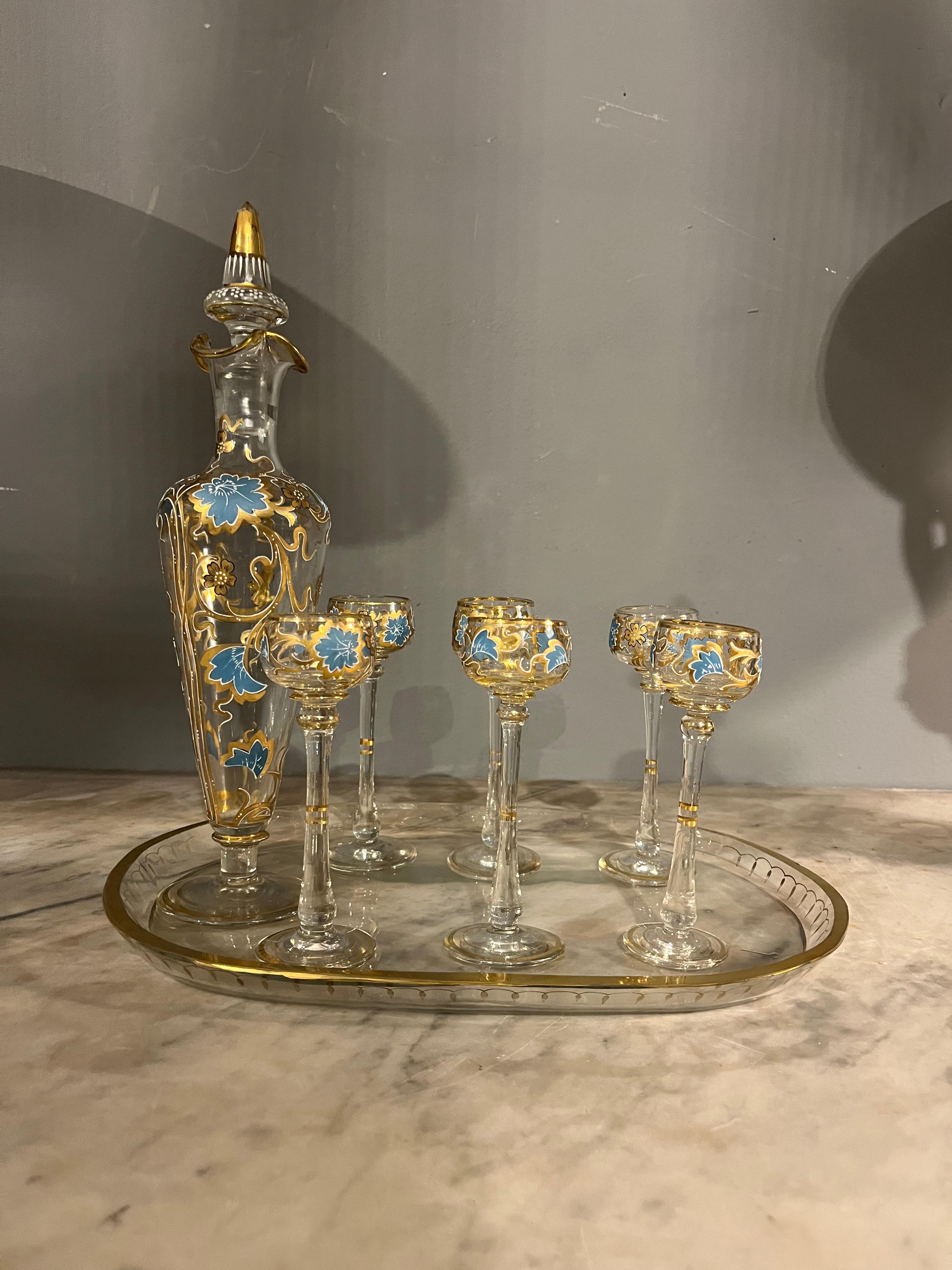 Italian Murano glass glasses set painted with bottle from the 50s For Sale