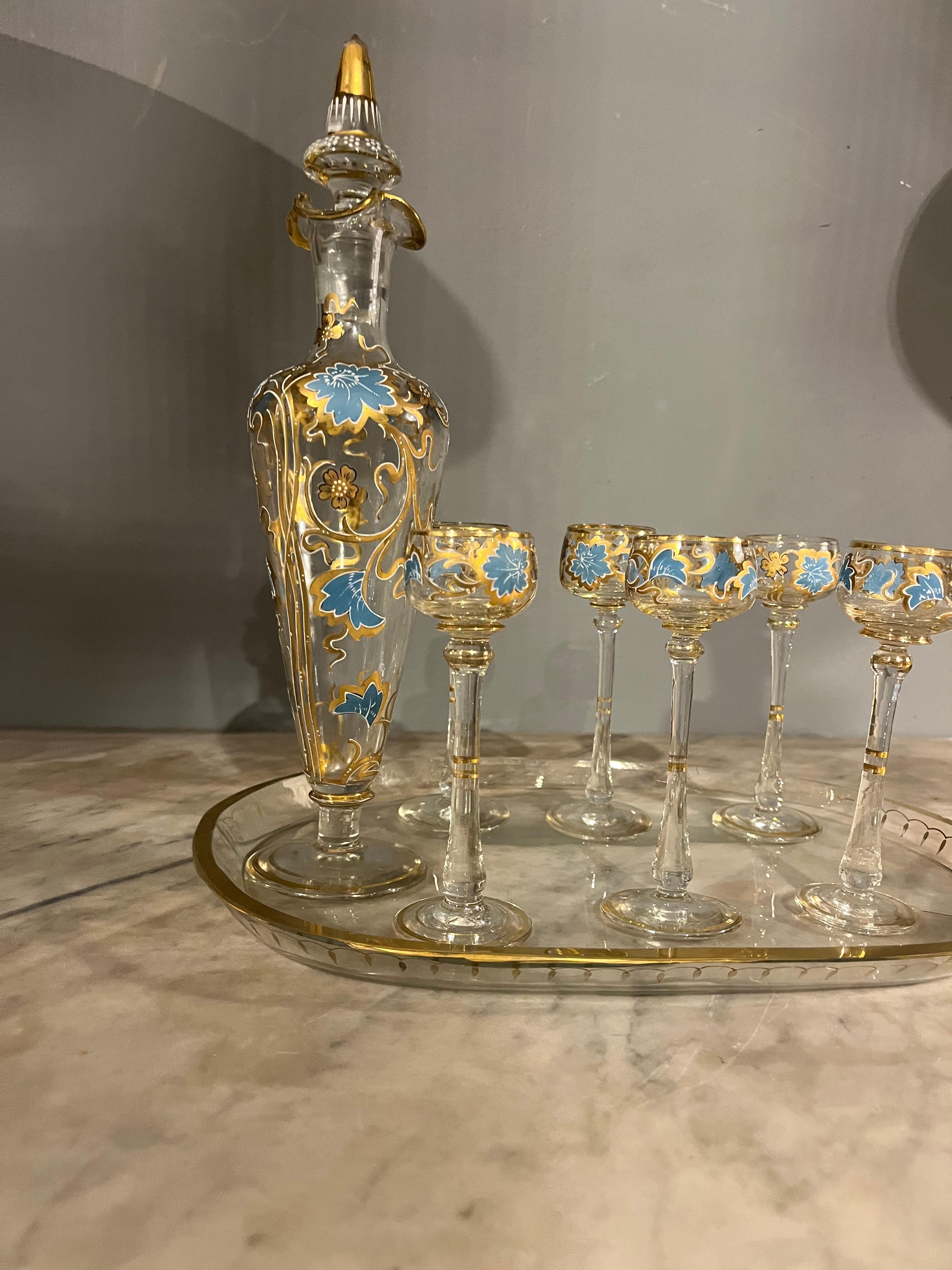 Murano glass glasses set painted with bottle from the 50s In Good Condition For Sale In Catania, IT